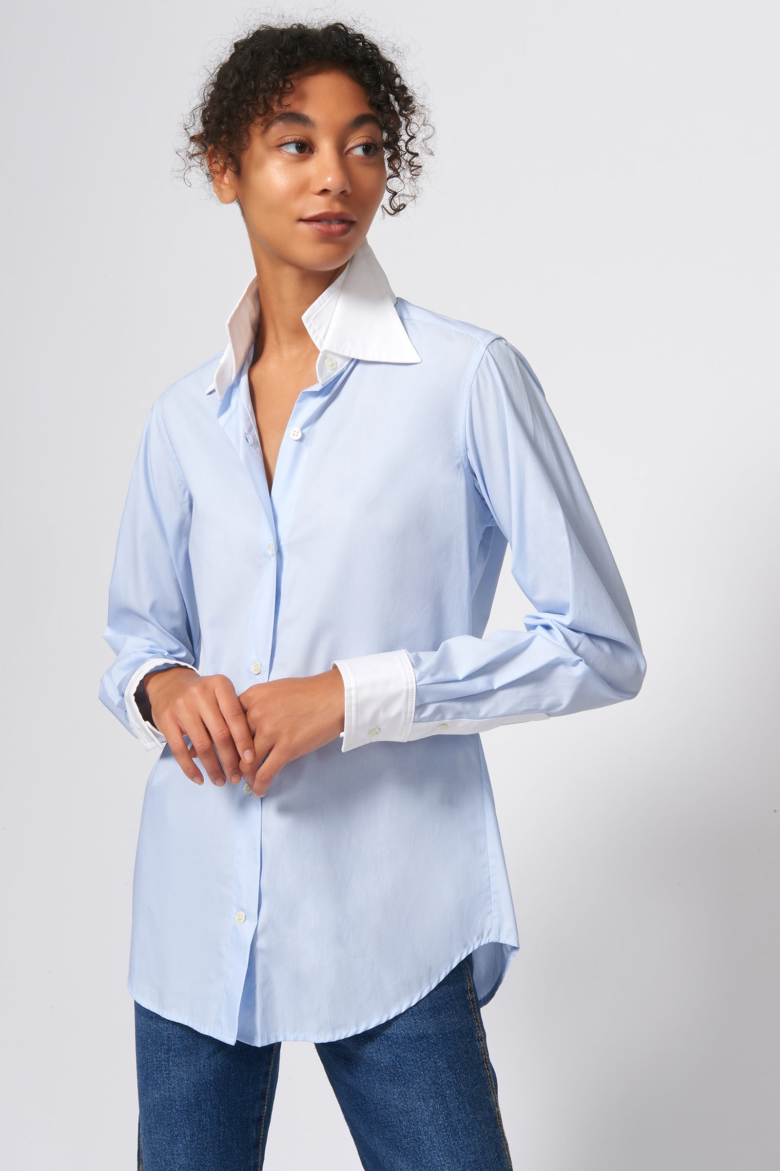 Kal Rieman Double Collar Shirt in Oxford Blue with White Poplin on Model Front View