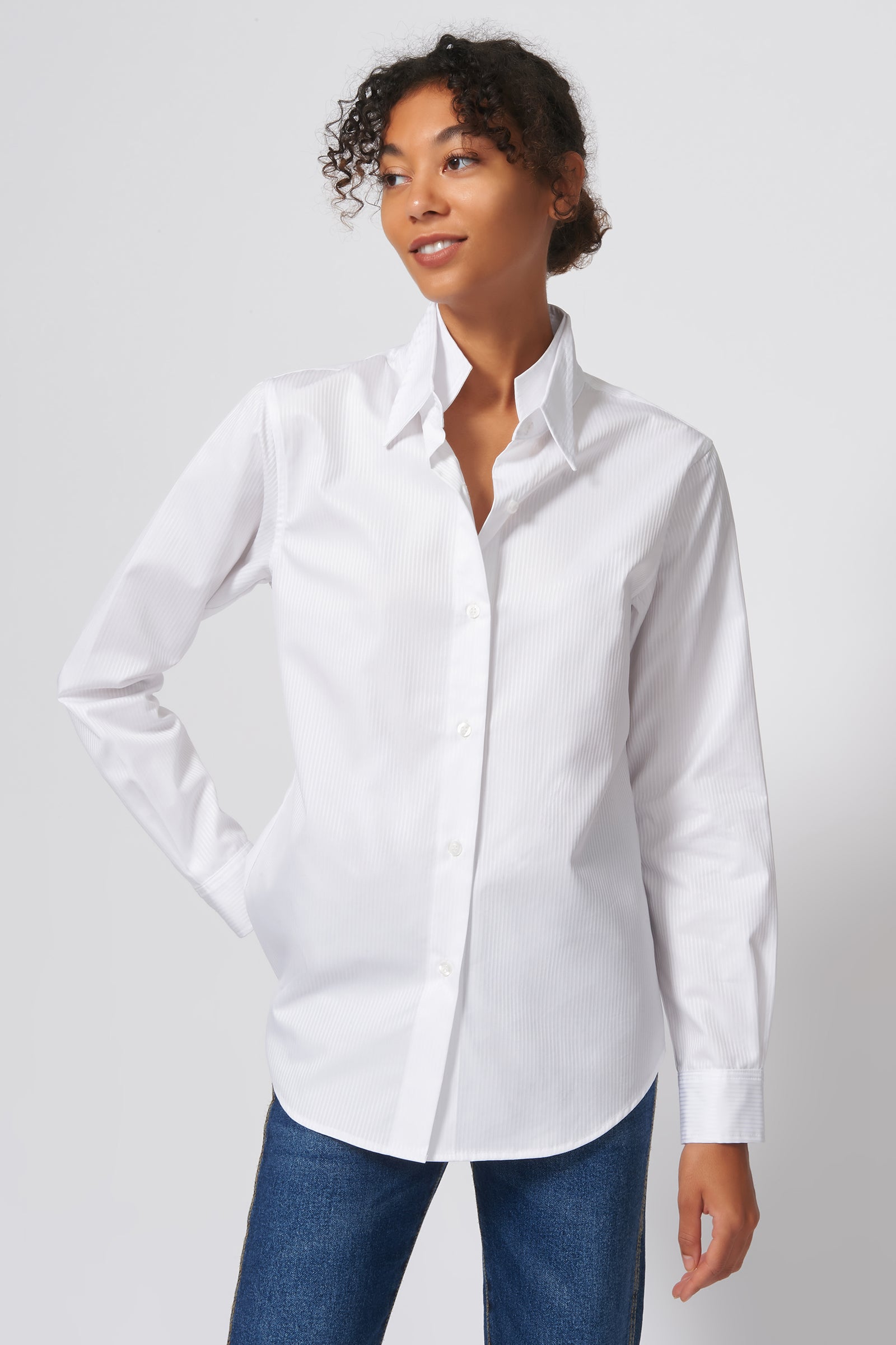 Kal Rieman Double Collar Shirt in White Satin Stripe on Model Front View