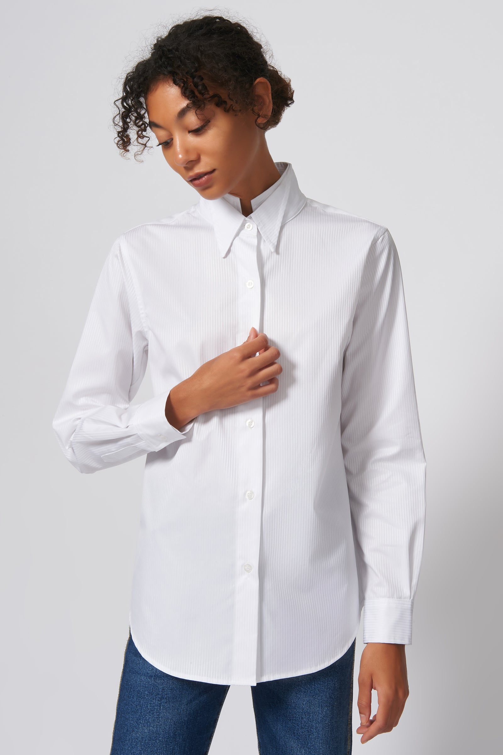 Kal Rieman Double Collar Shirt in White Satin Stripe on Model Front View