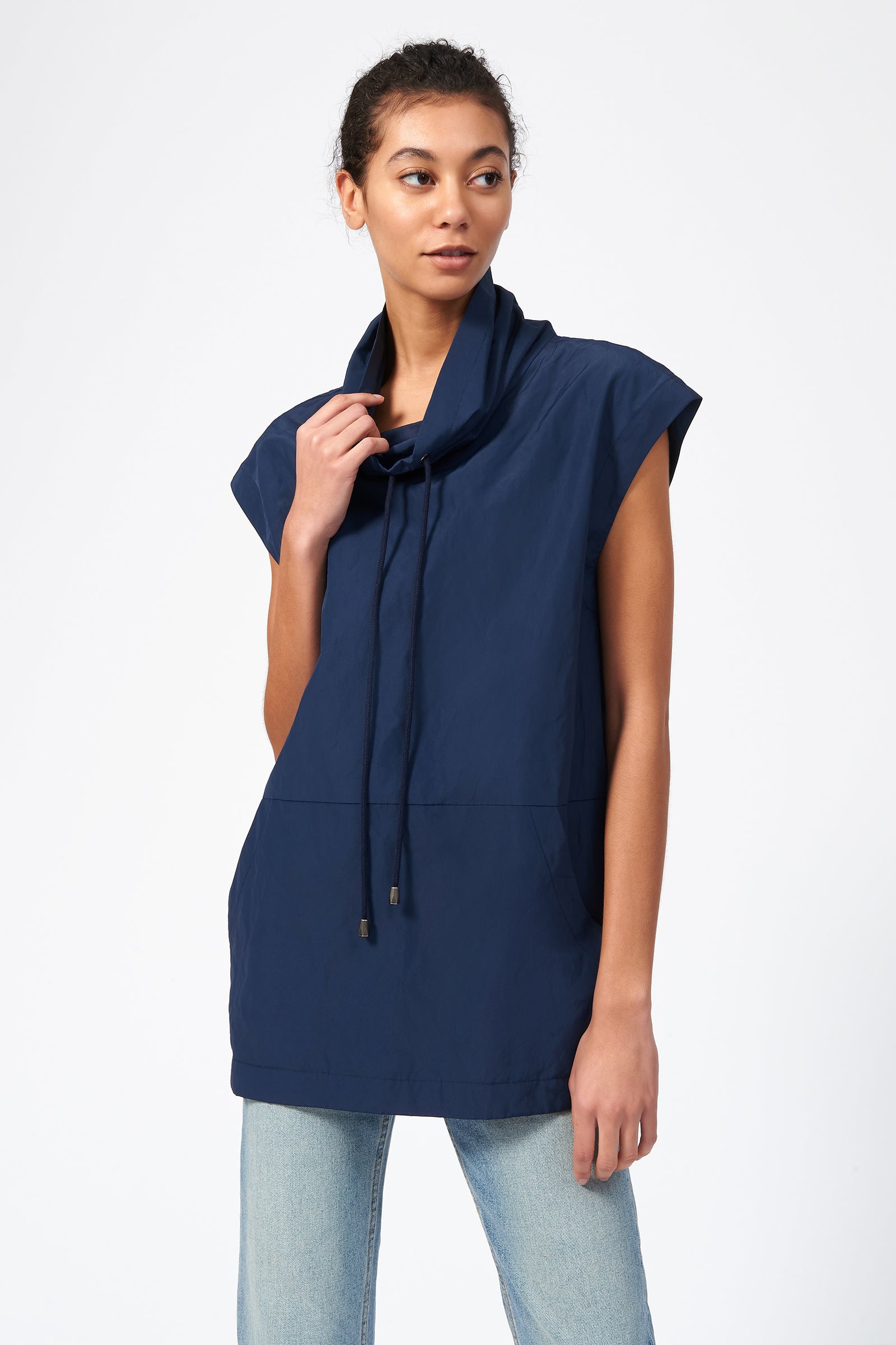 Kal Rieman Drawstring Pullover in Navy on Model Front View