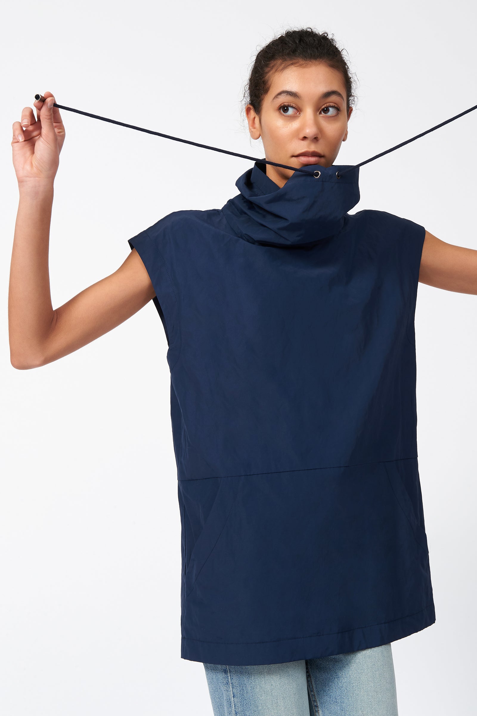 Kal Rieman Drawstring Pullover in Navy on Model Front Alternate View