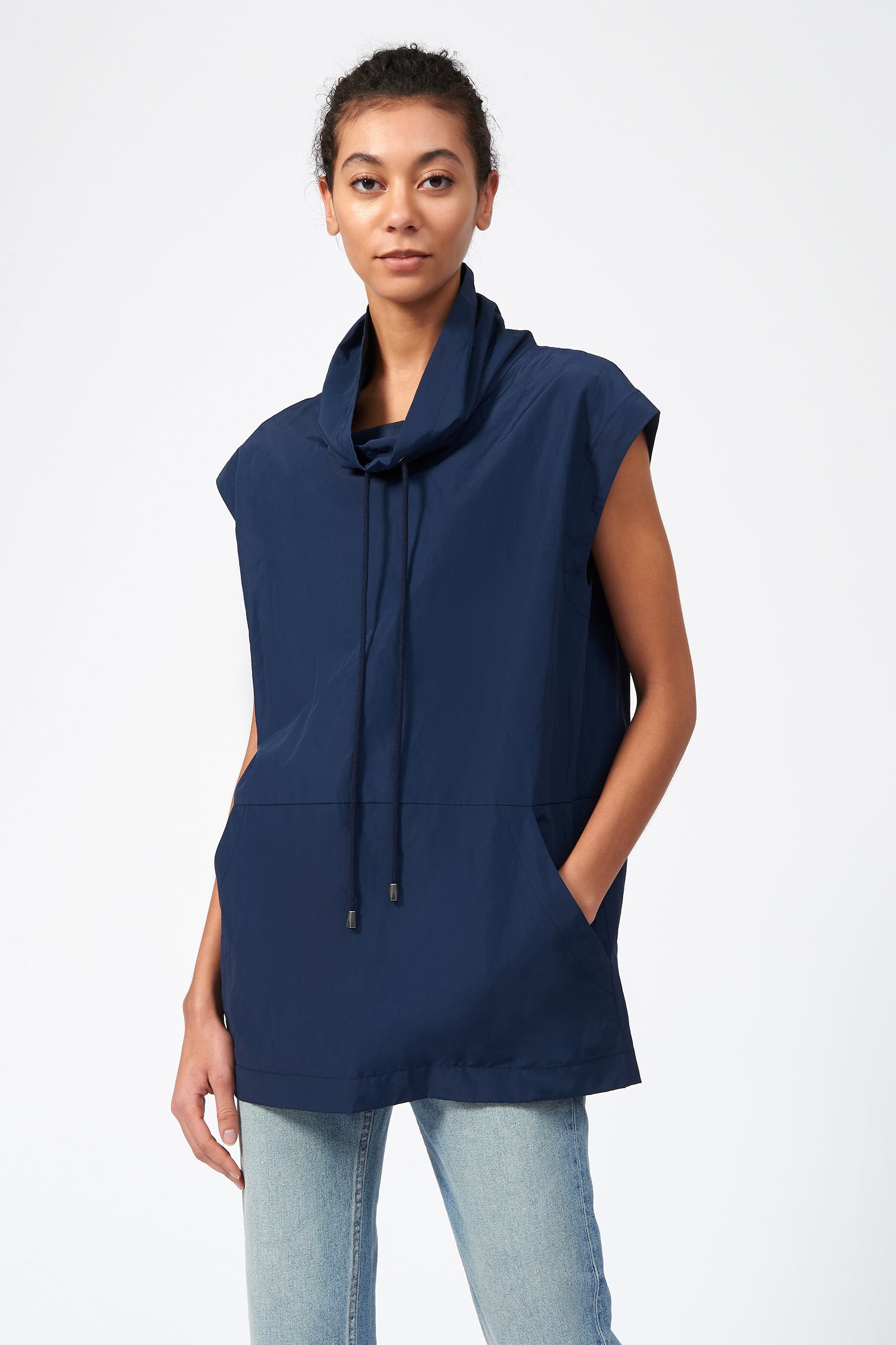 Kal Rieman Drawstring Pullover in Navy on Model Front View