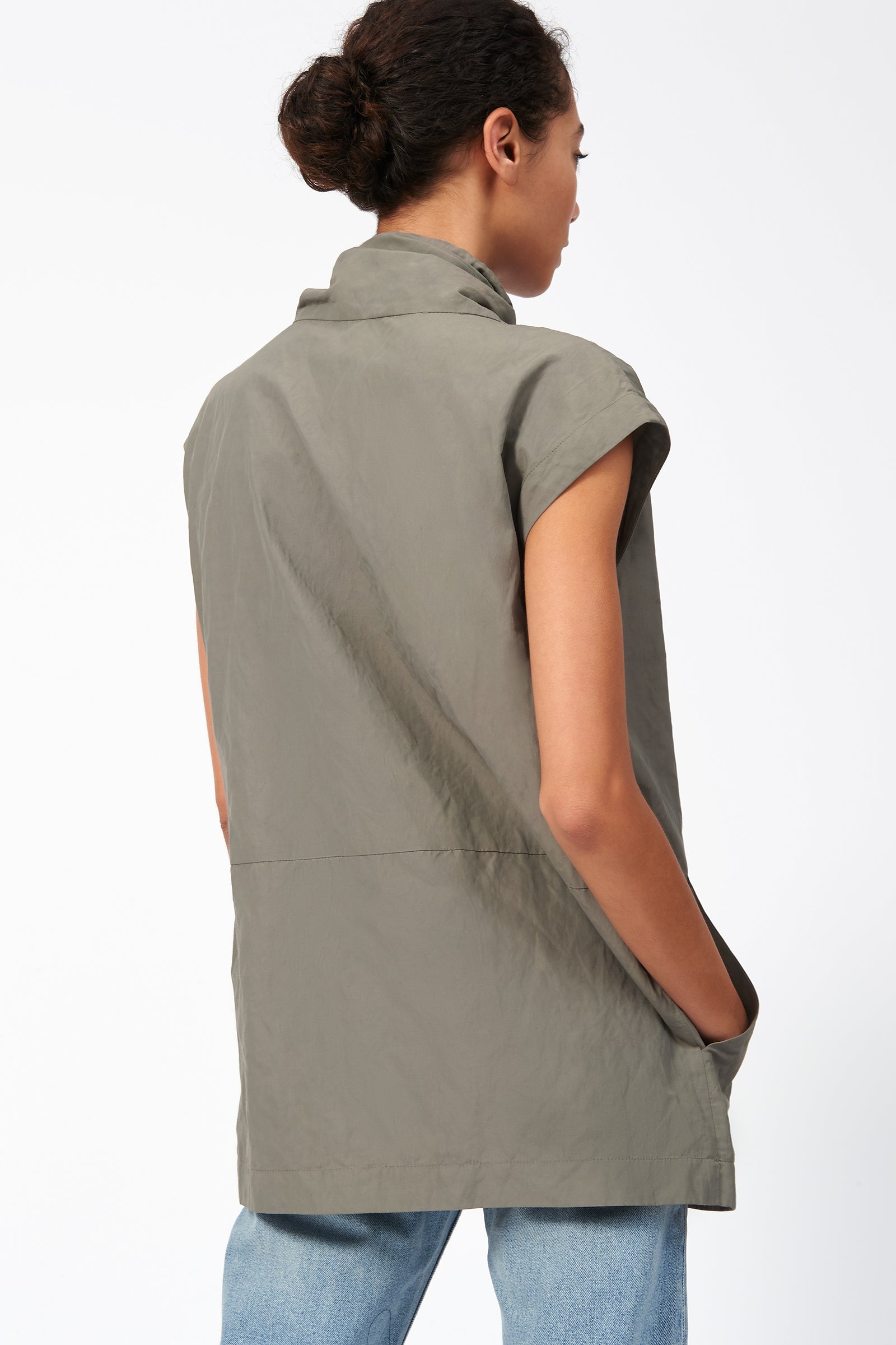 Kal Rieman Cotton Nylon Drawstring Pullover in Olive on Model Back View