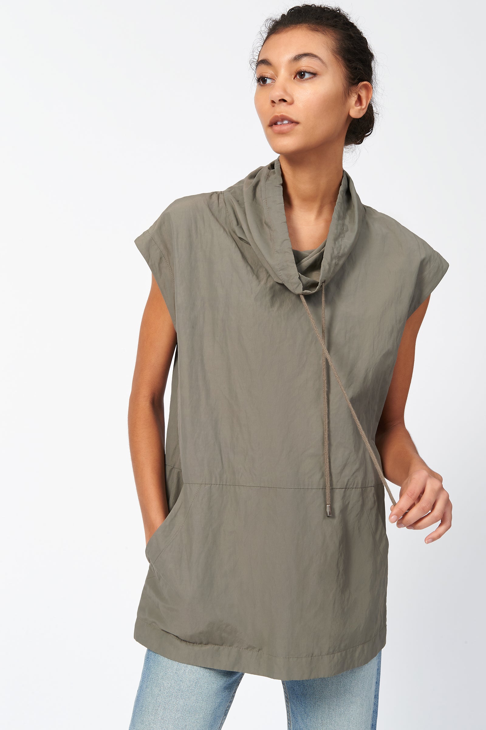Kal Rieman Cotton Nylon Drawstring Pullover in Olive on Model Front View