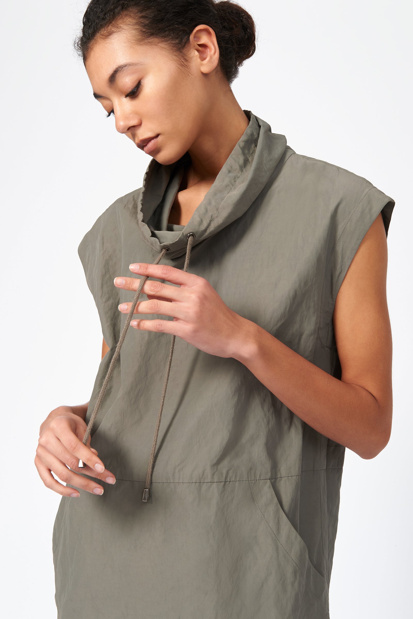 Kal Rieman Cotton Nylon Drawstring Pullover in Olive on Model Front Detail View