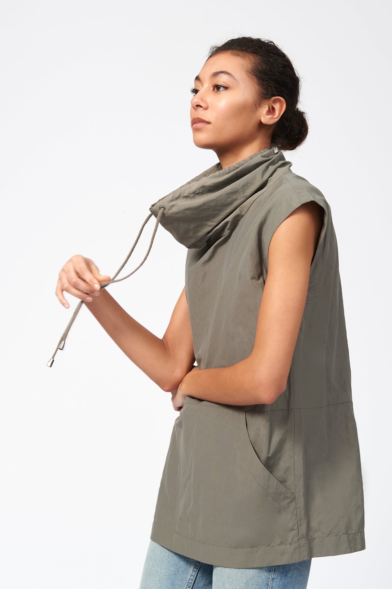 Kal Rieman Cotton Nylon Drawstring Pullover in Olive on Model Front Side View