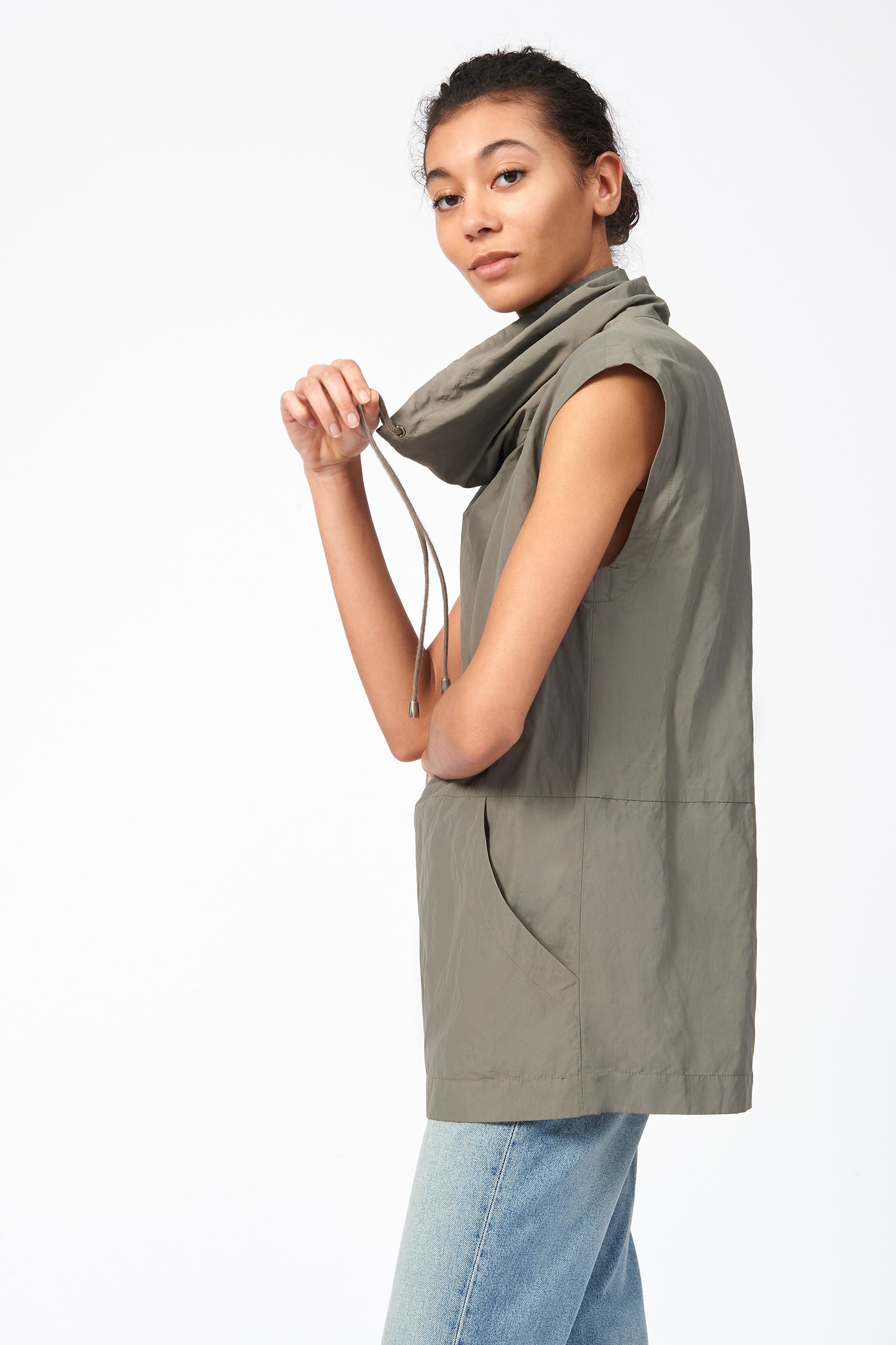 Kal Rieman Cotton Nylon Drawstring Pullover in Olive on Model Side View