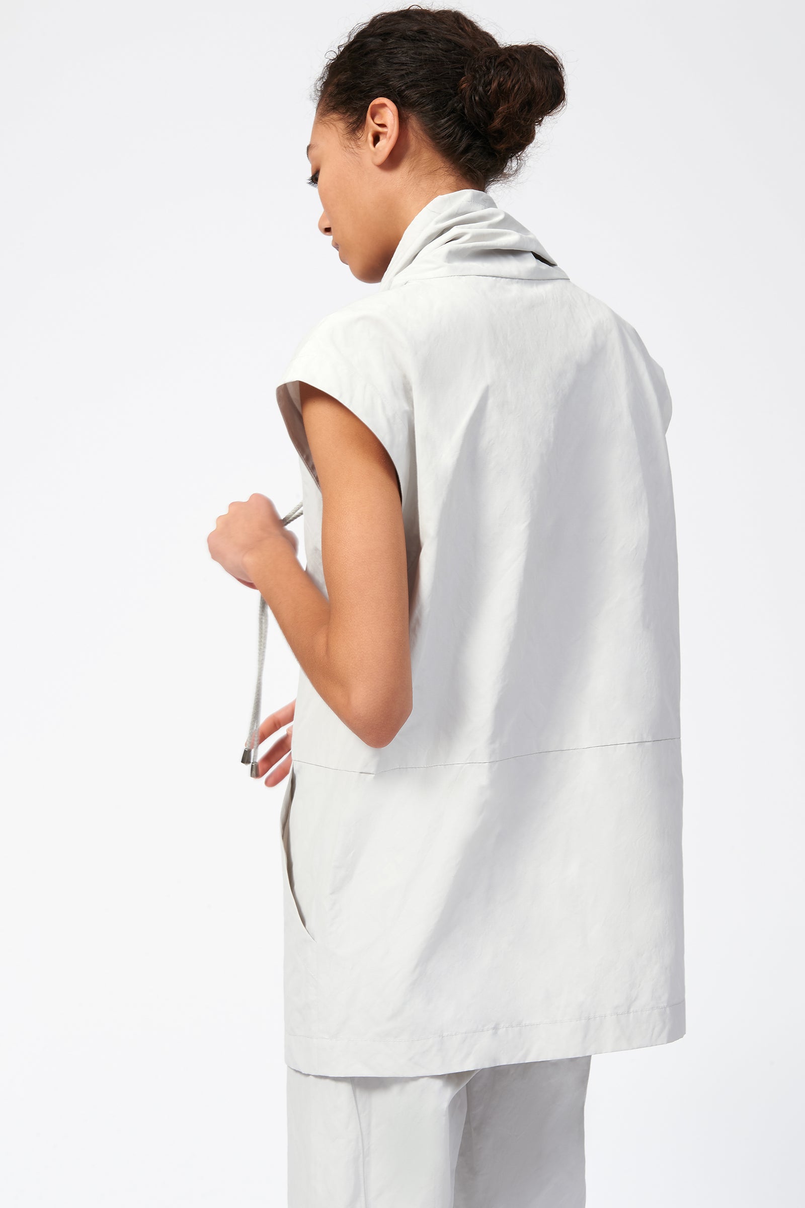 Kal Rieman Cotton Nylon Drawstring Pullover in Stone on Model Back View