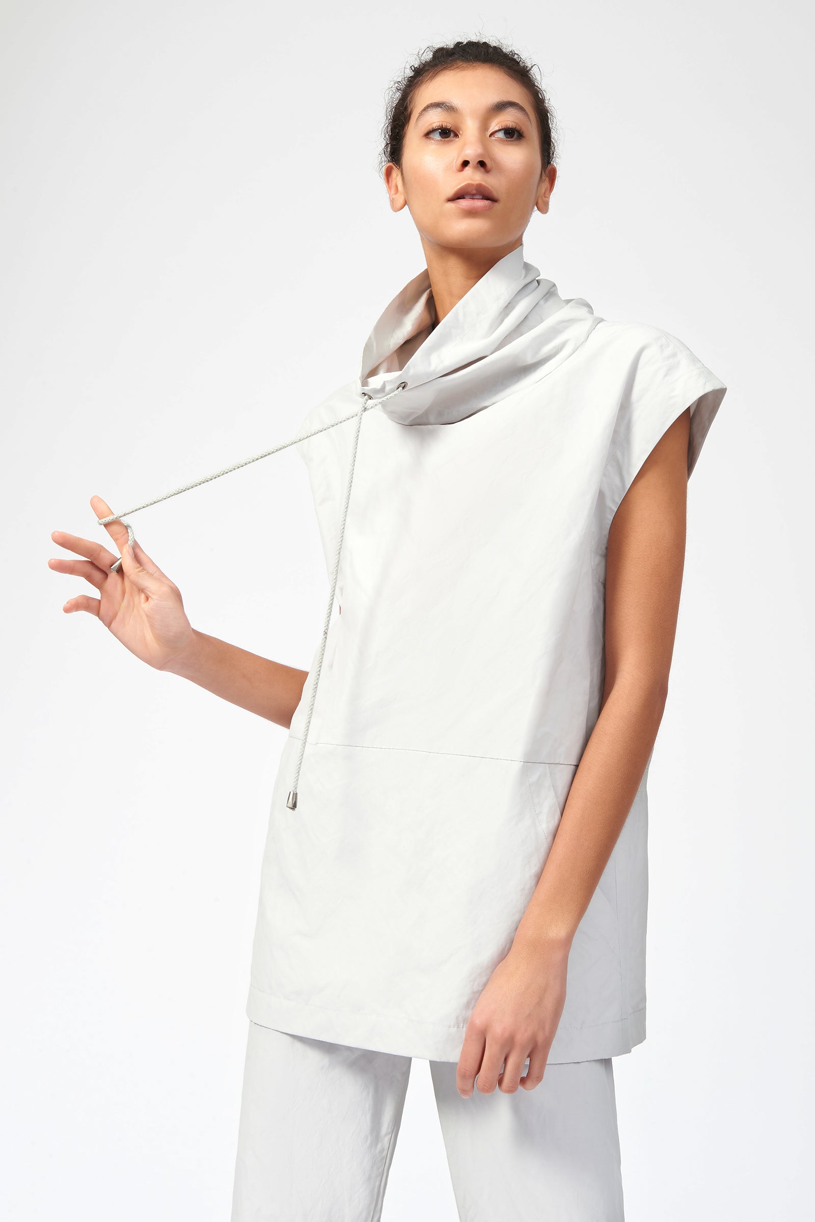 Kal Rieman Cotton Nylon Drawstring Pullover in Stone on Model Front Side View