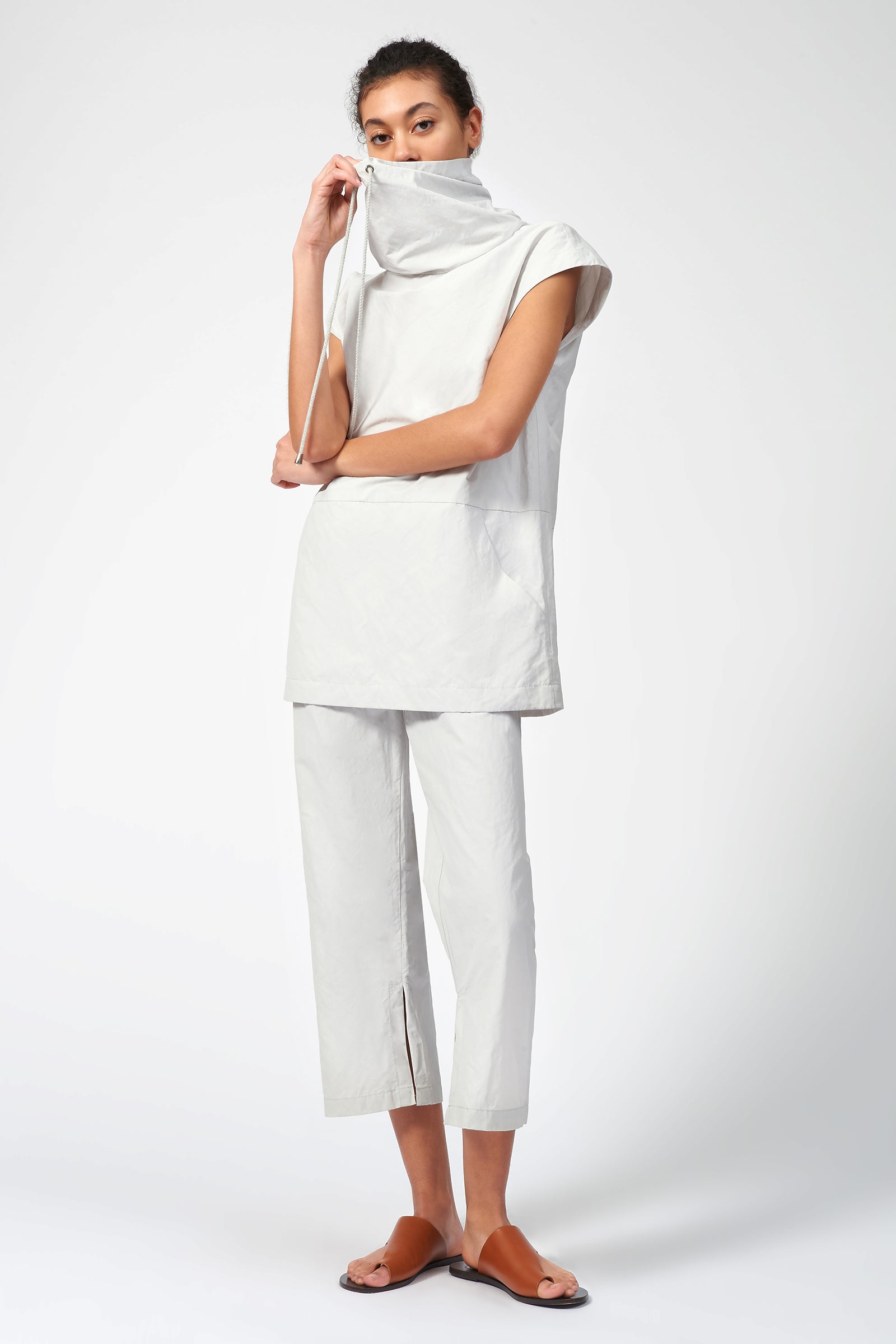 Kal Rieman Cotton Nylon Drawstring Pullover in Stone on Model Full Front View