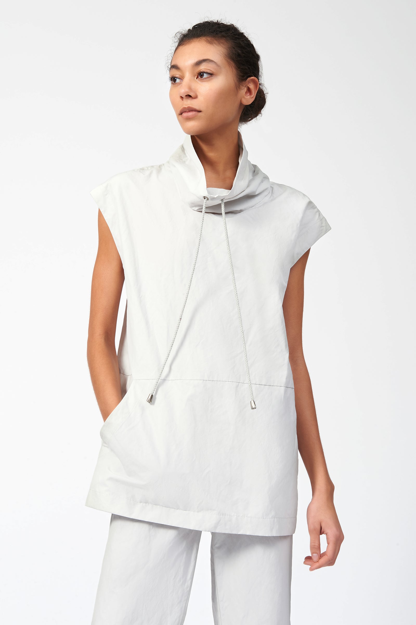 Kal Rieman Cotton Nylon Drawstring Pullover in Stone on Model Front View