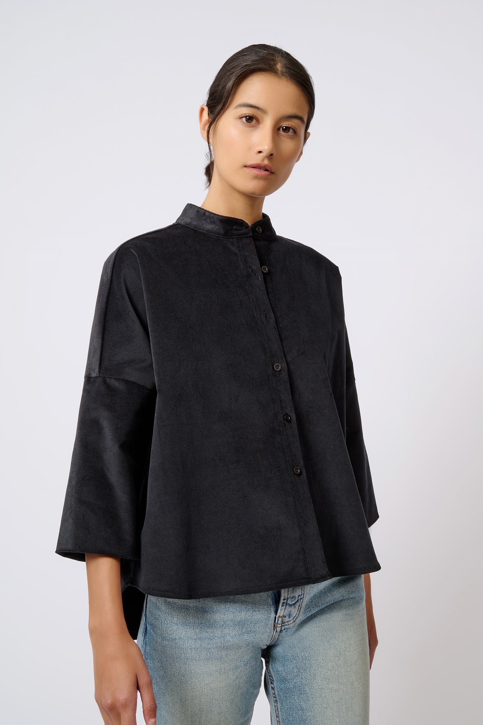 Kal Rieman Drop Shoulder Top in Black on Model Front View