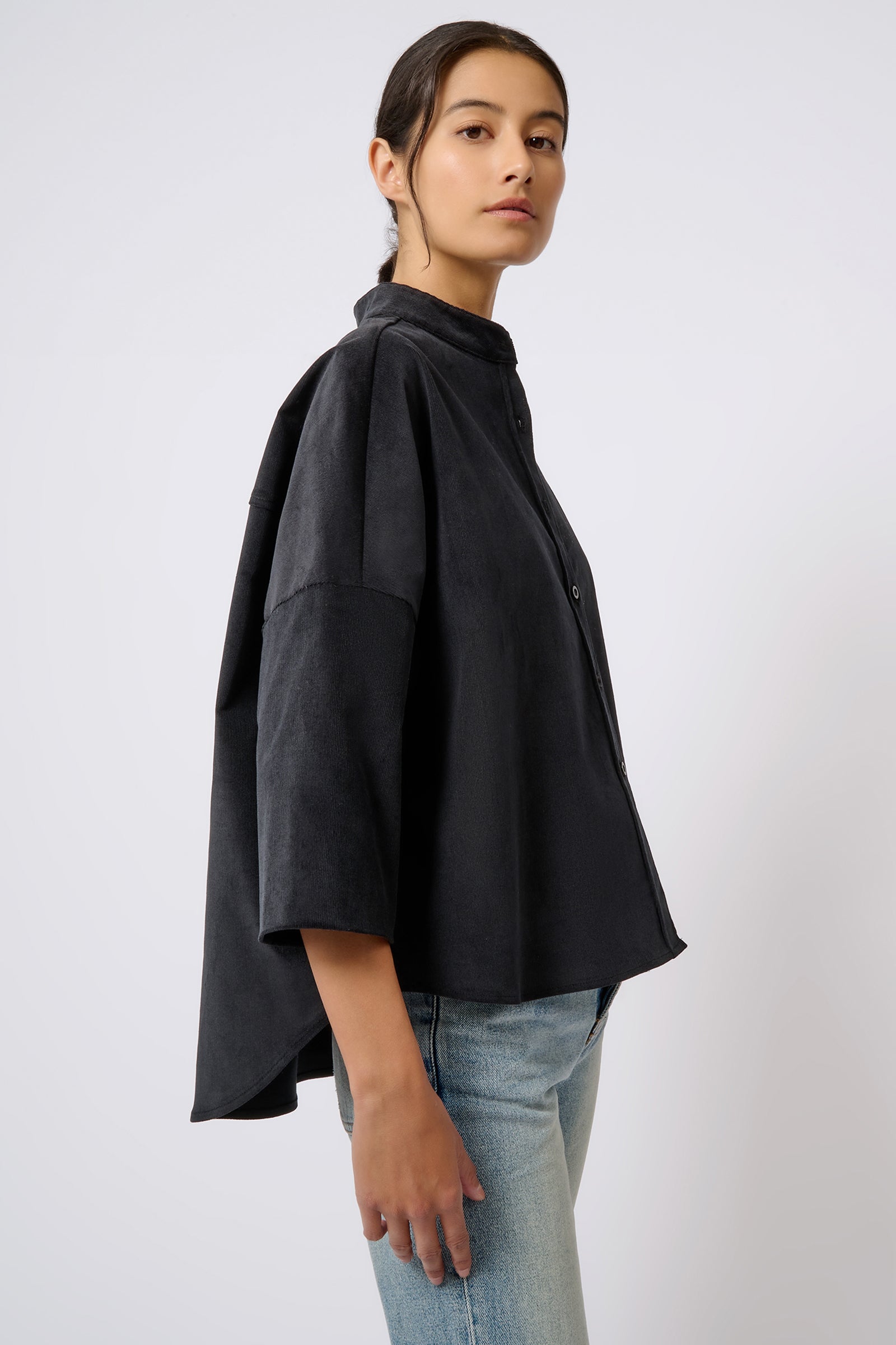 Kal Rieman Drop Shoulder Top in Black on Model Side View