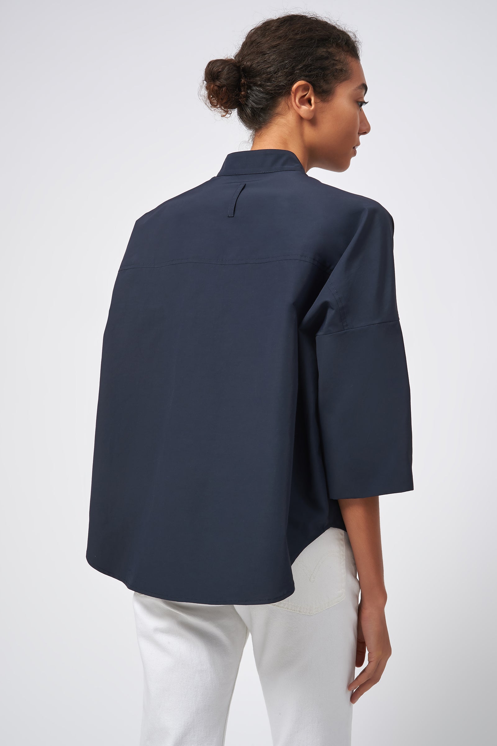 Kal Rieman Drop Shoulder Top Italian Broadcloth Navy On Model  Back View 2