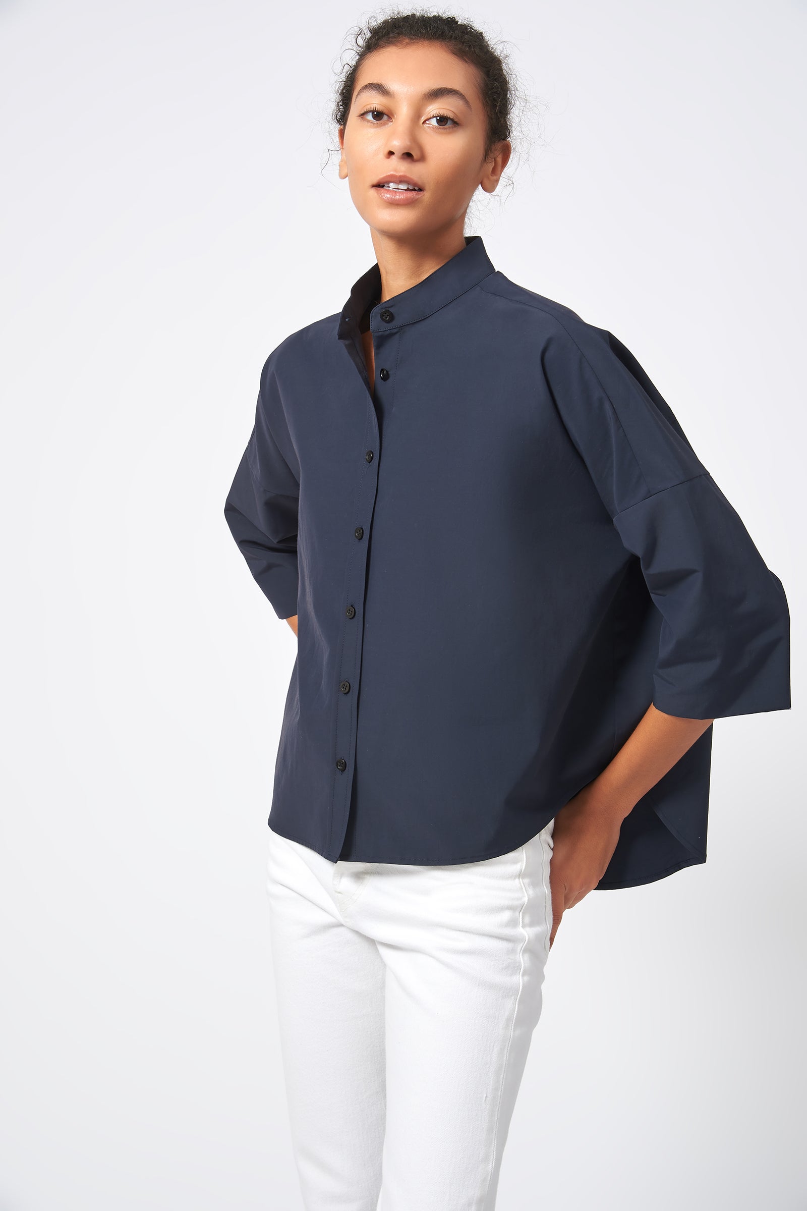 Kal Rieman Drop Shoulder Top Italian Broadcloth Navy On Model  Front View