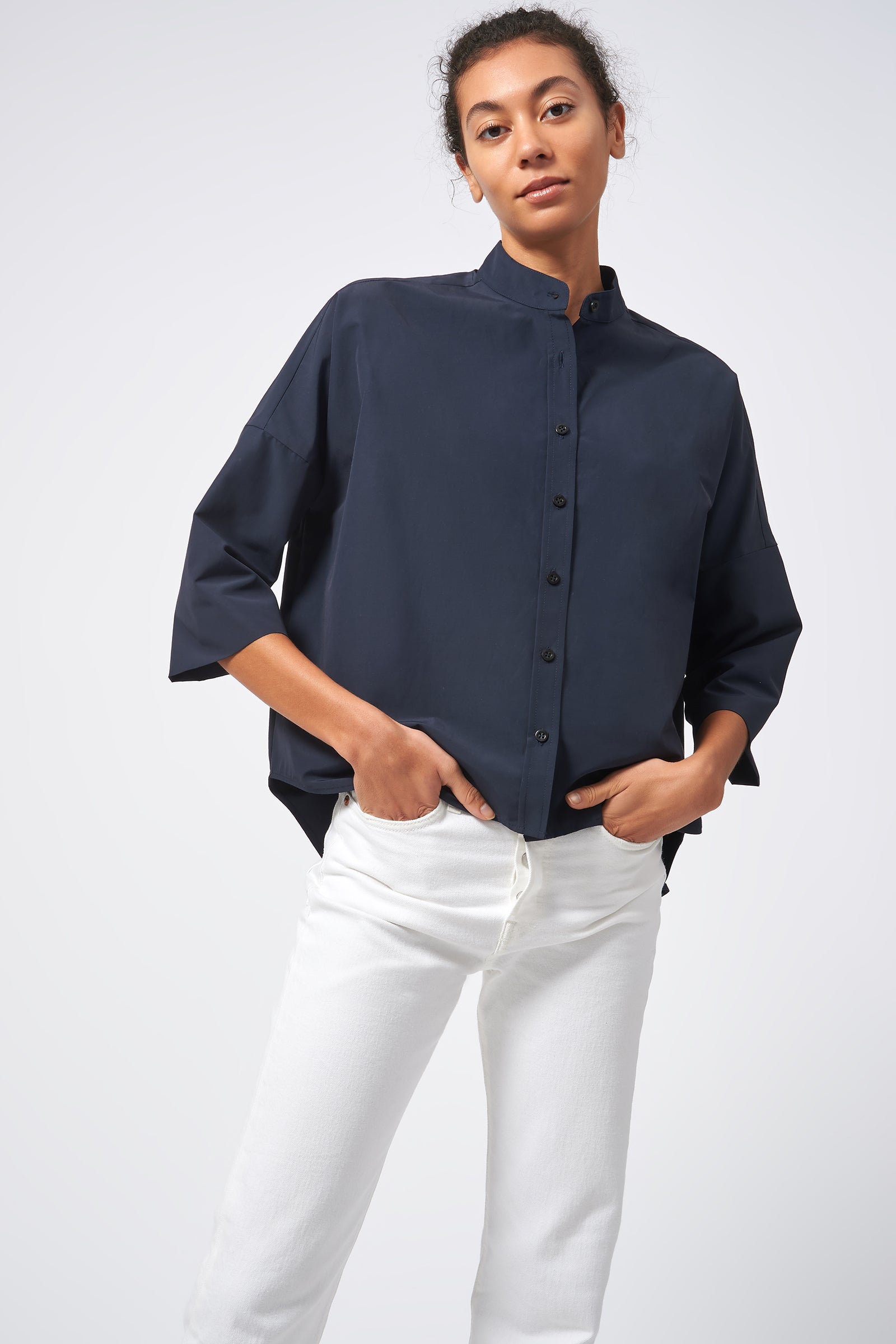 Kal Rieman Drop Shoulder Top Italian Broadcloth Navy On Model Front View 2