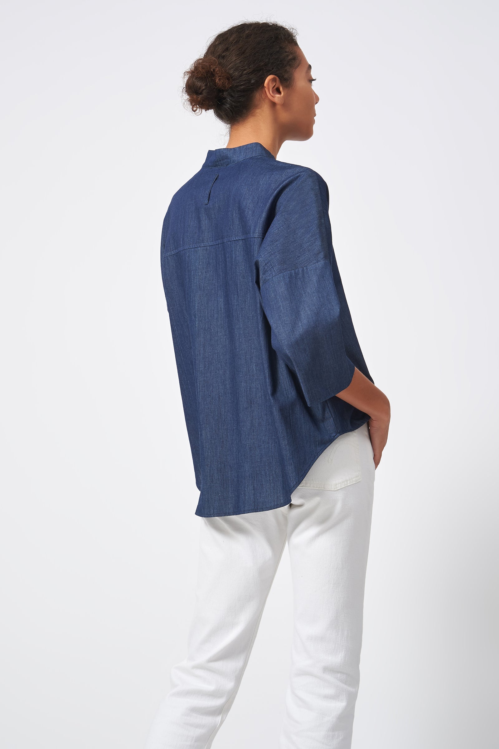 Kal Rieman Drop Shoulder Top Italian Denim Classic Indigo on Model Back View