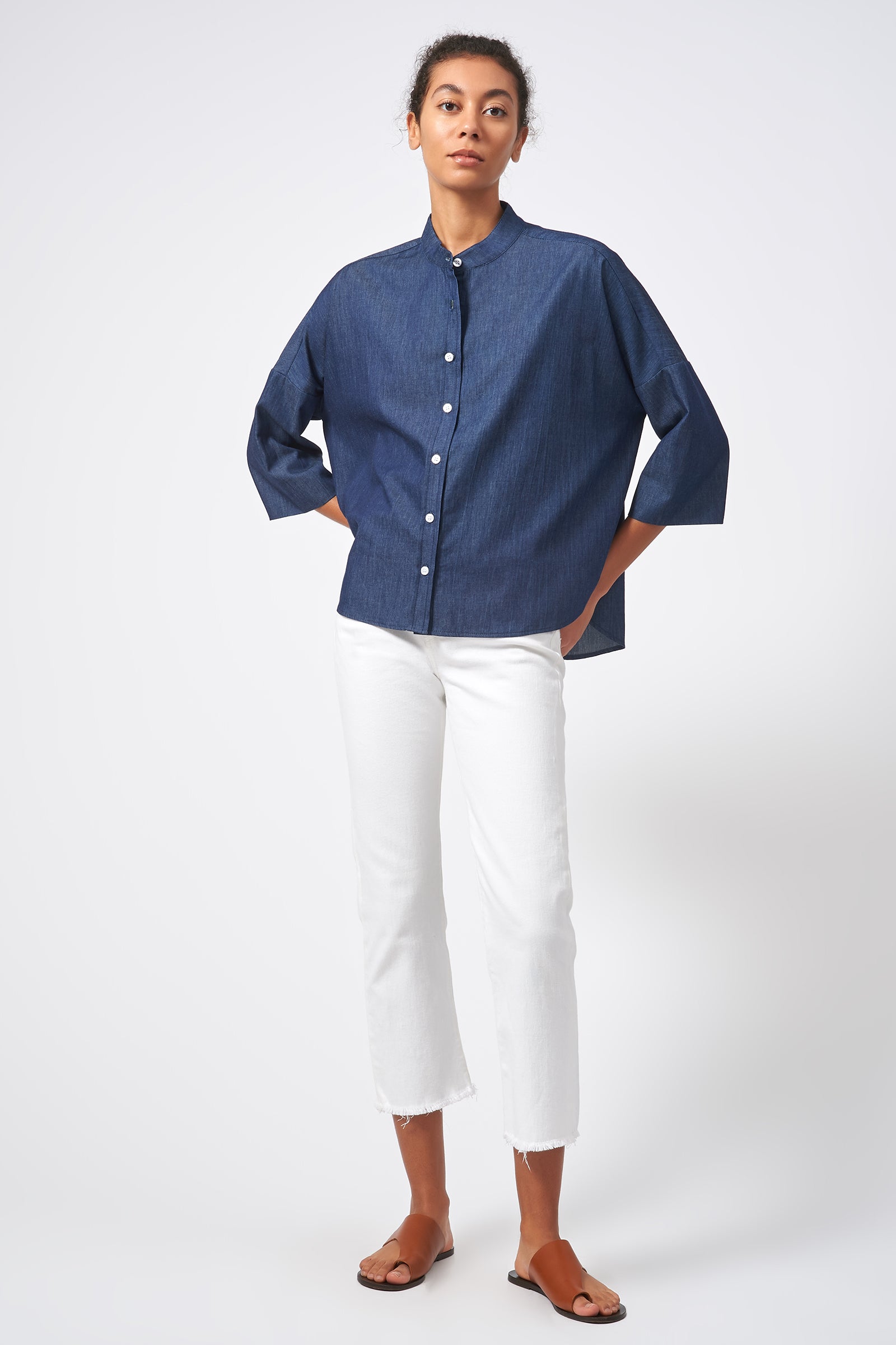 Kal Rieman Drop Shoulder Top Italian Denim Classic Indigo on Model Front View Full
