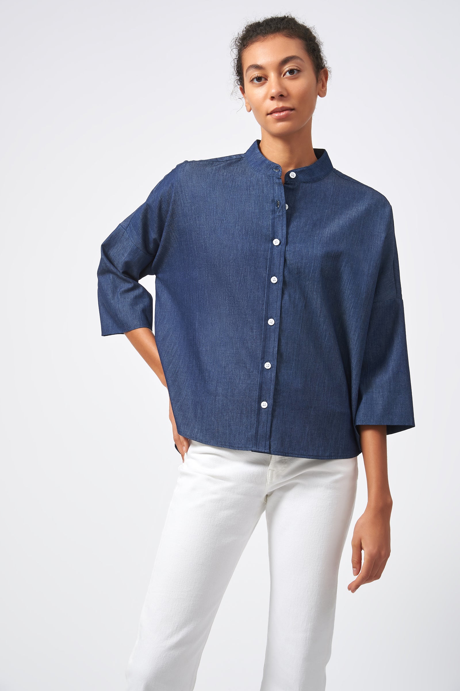 Kal Rieman Drop Shoulder Top Italian Denim Classic Indigo on Model Front View