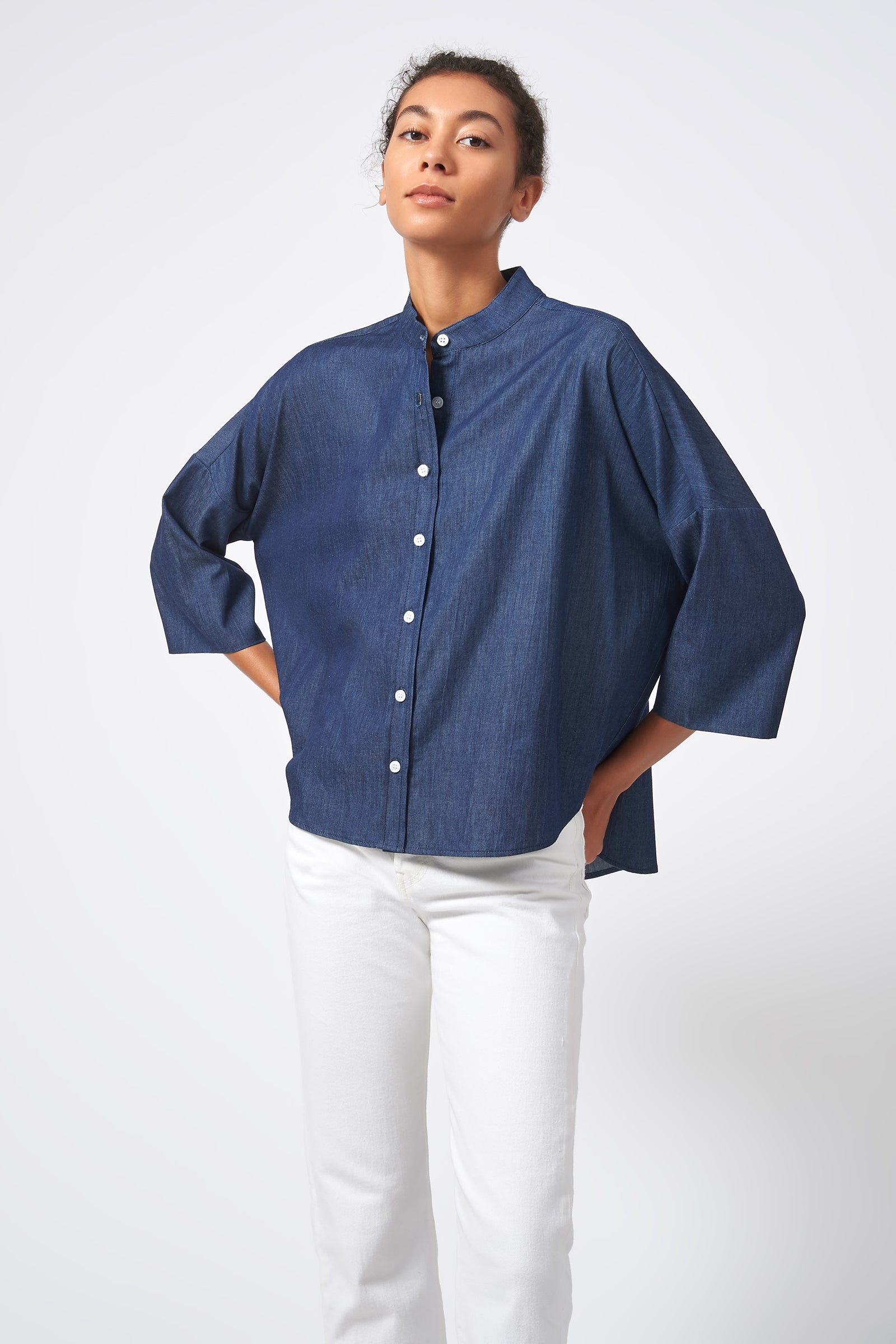 Kal Rieman Drop Shoulder Top Italian Denim Classic Indigo on Model Front View 2
