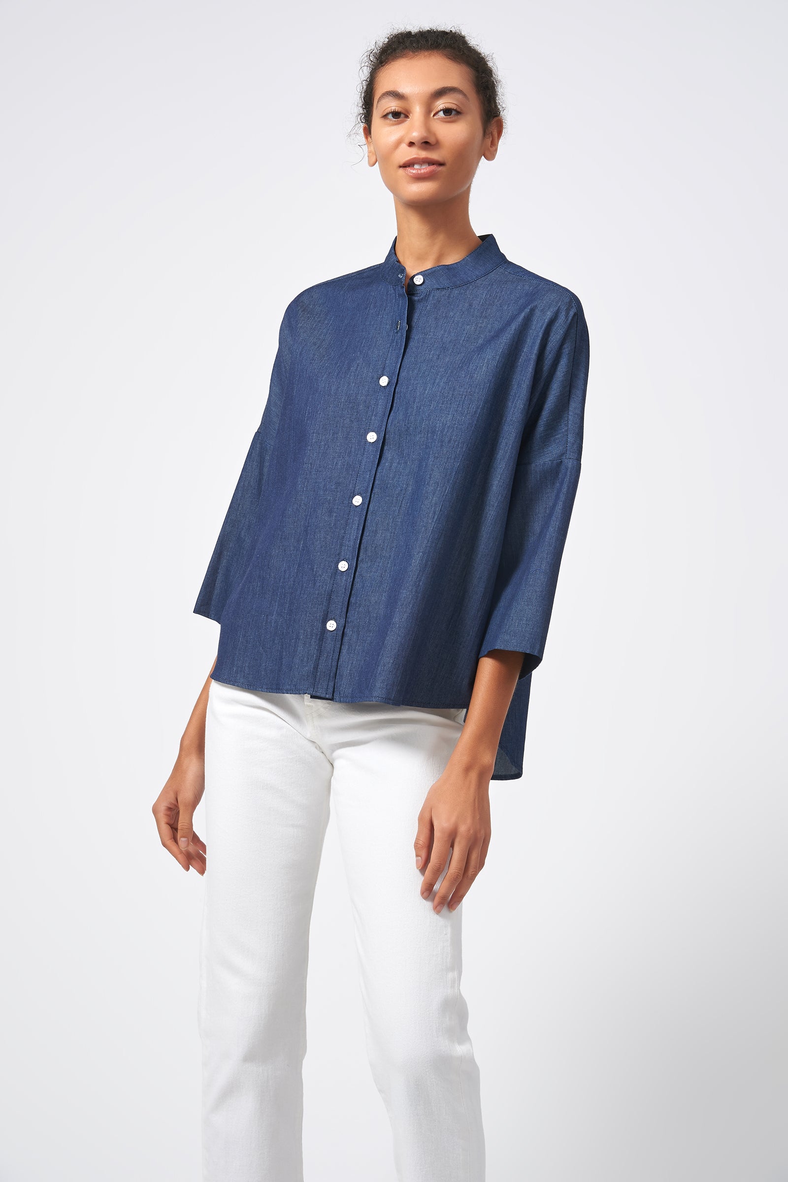 Kal Rieman Drop Shoulder Top Italian Denim Classic Indigo on ModelFront View 3