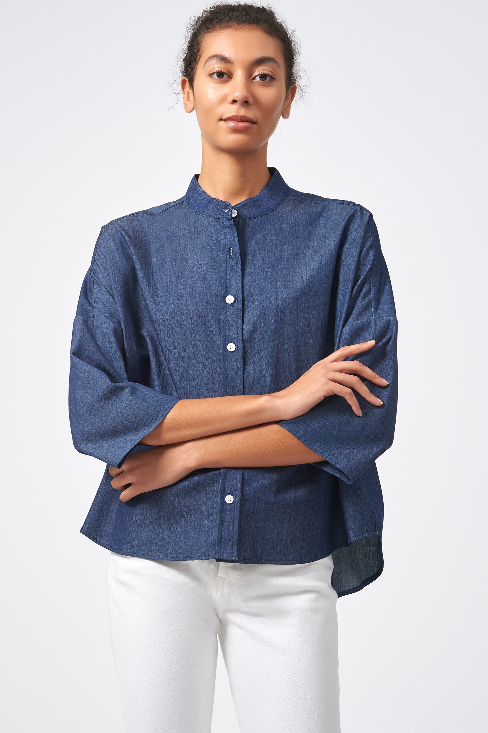 Kal Rieman Drop Shoulder Top Italian Denim Classic Indigo on Model Front View 4