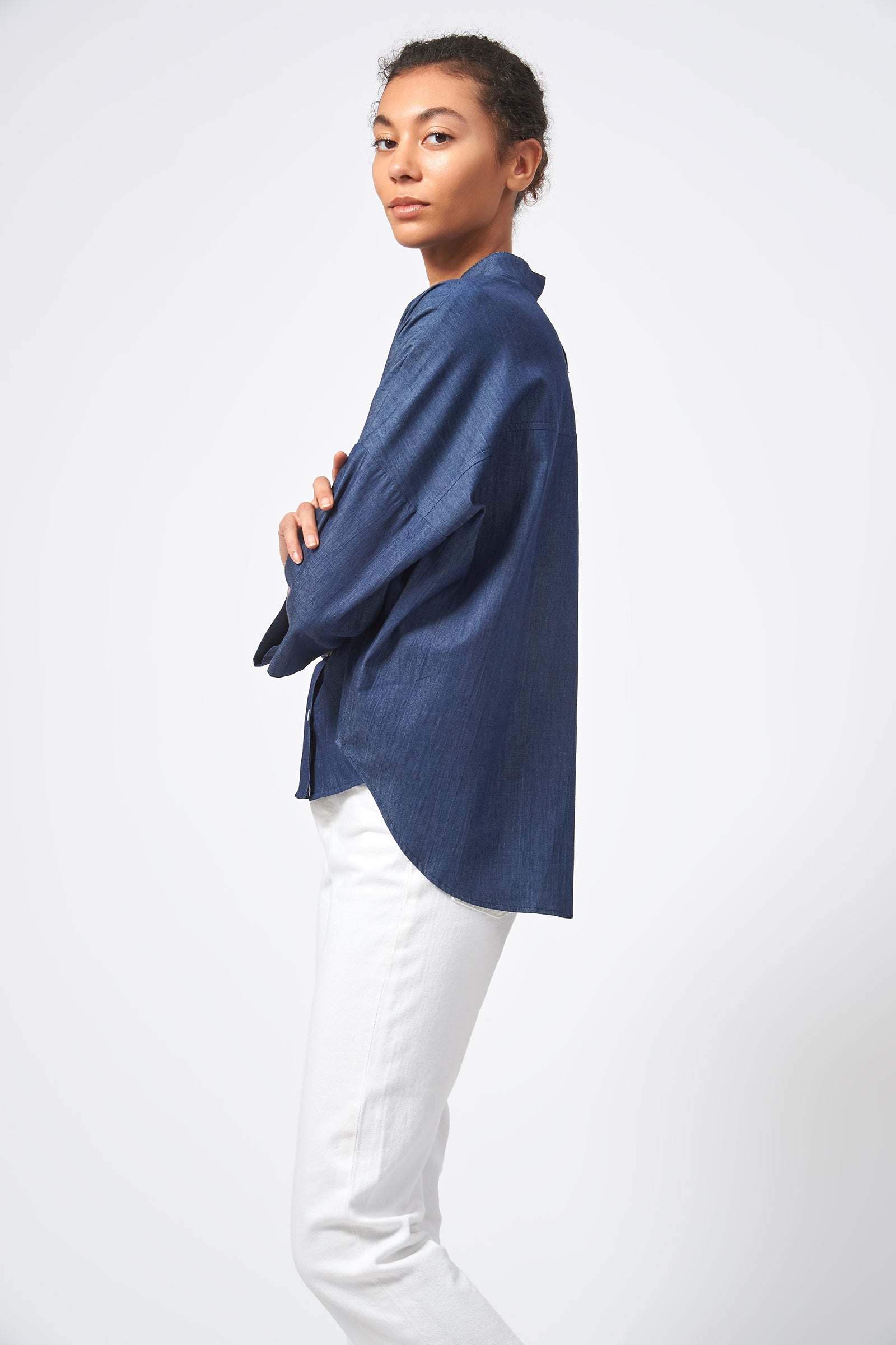 Kal Rieman Drop Shoulder Top Italian Denim Classic Indigo on Model Side View
