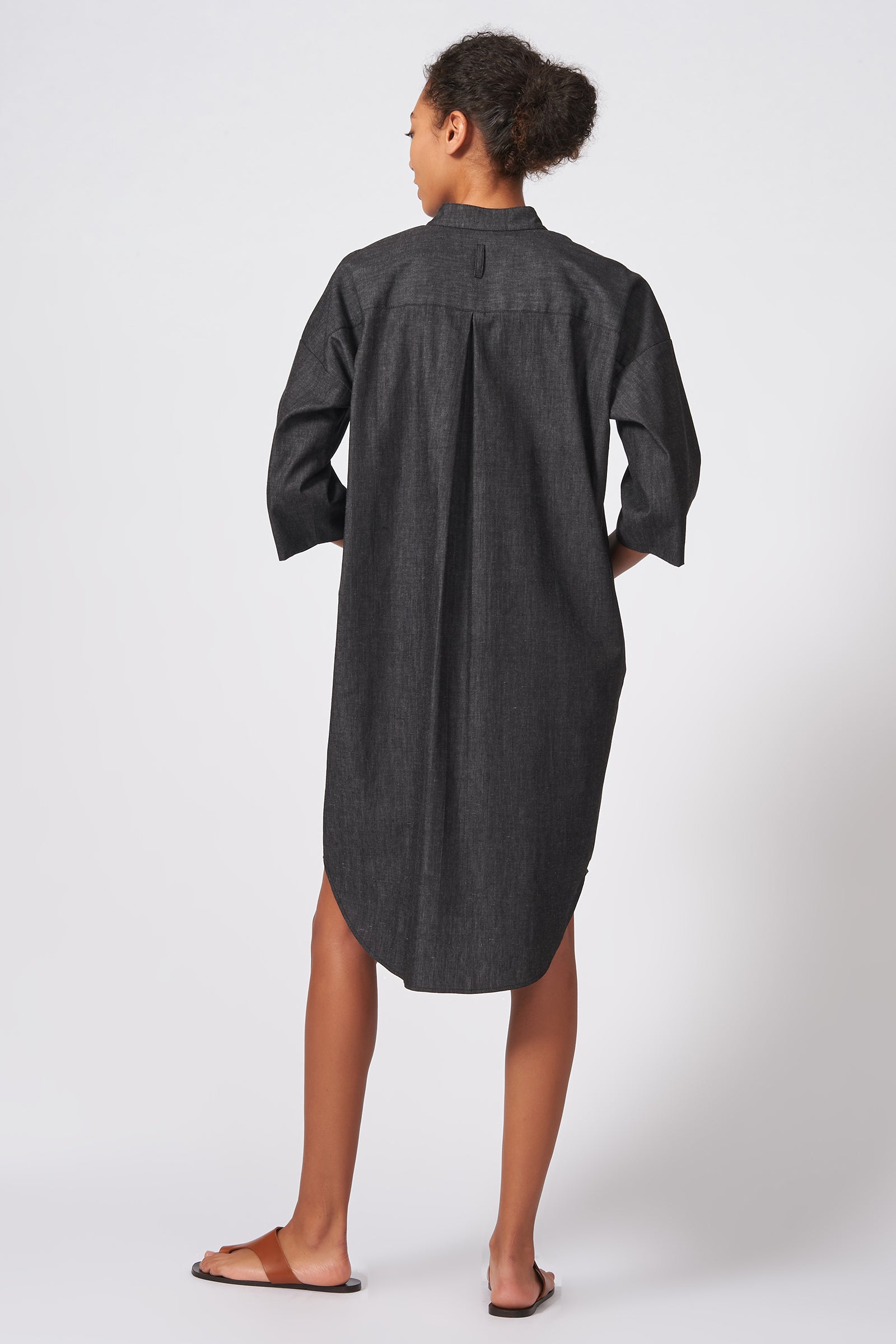 Kal Rieman Drop Sleeve Shirt Dress in Dark Denim on Model Back Full View