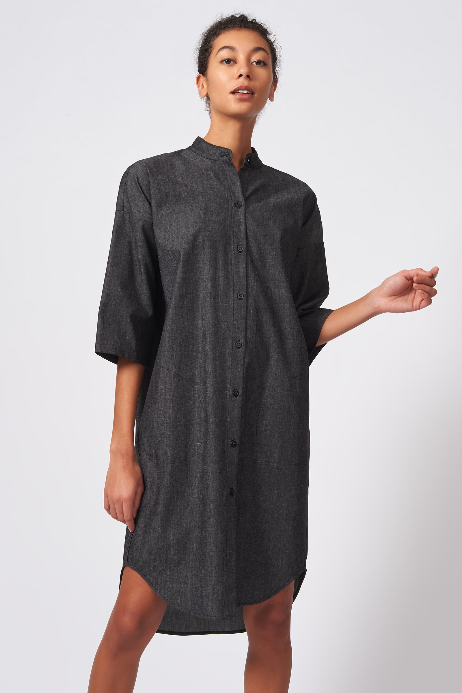 Kal Rieman Drop Sleeve Shirt Dress in Dark Denim on Model Front View