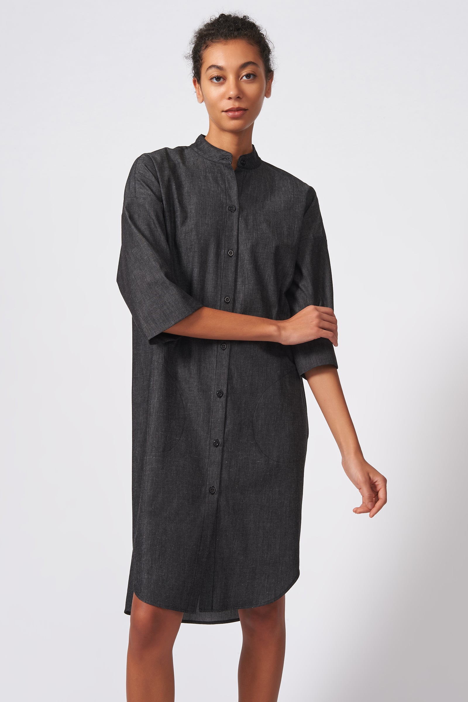 Kal Rieman Drop Sleeve Shirt Dress in Dark Denim on Model Front View