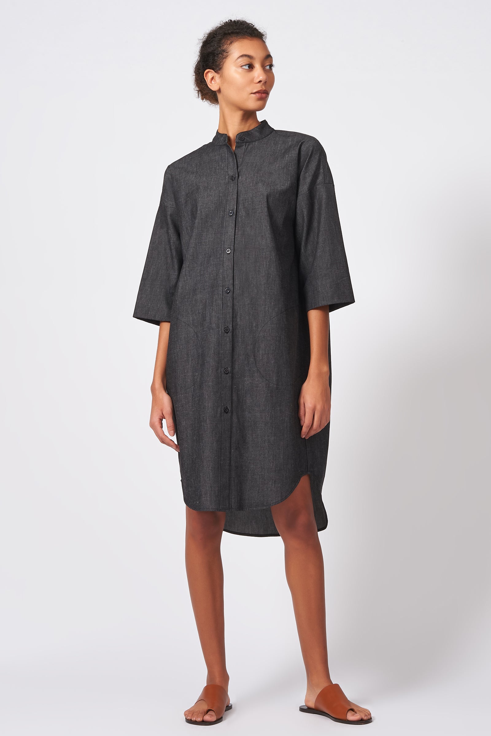 Kal Rieman Drop Sleeve Shirt Dress in Dark Denim on Model Front Full View