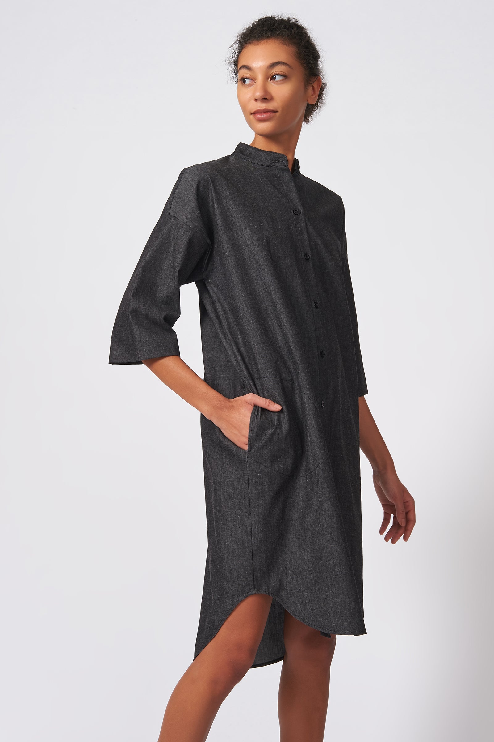 Kal Rieman Drop Sleeve Shirt Dress in Dark Denim on Model Front Side View