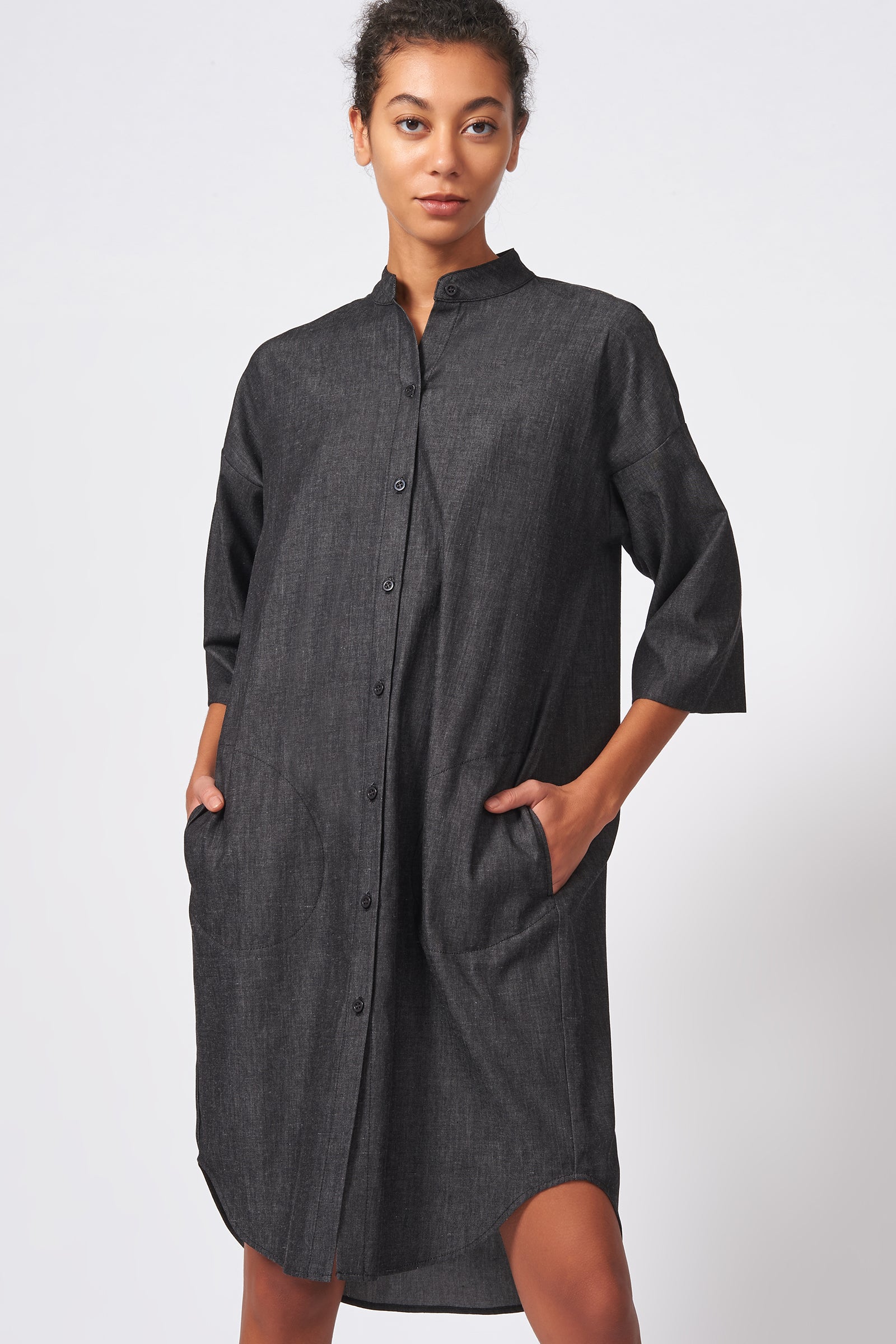 Kal Rieman Drop Sleeve Shirt Dress in Dark Denim on Model Front View