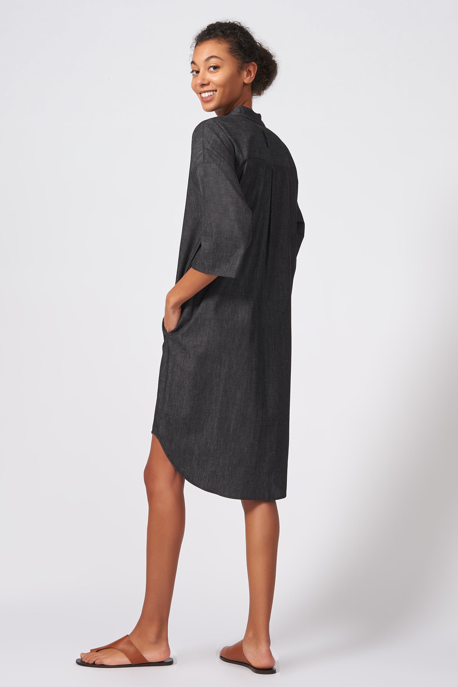 Kal Rieman Drop Sleeve Shirt Dress in Dark Denim on Model Side View