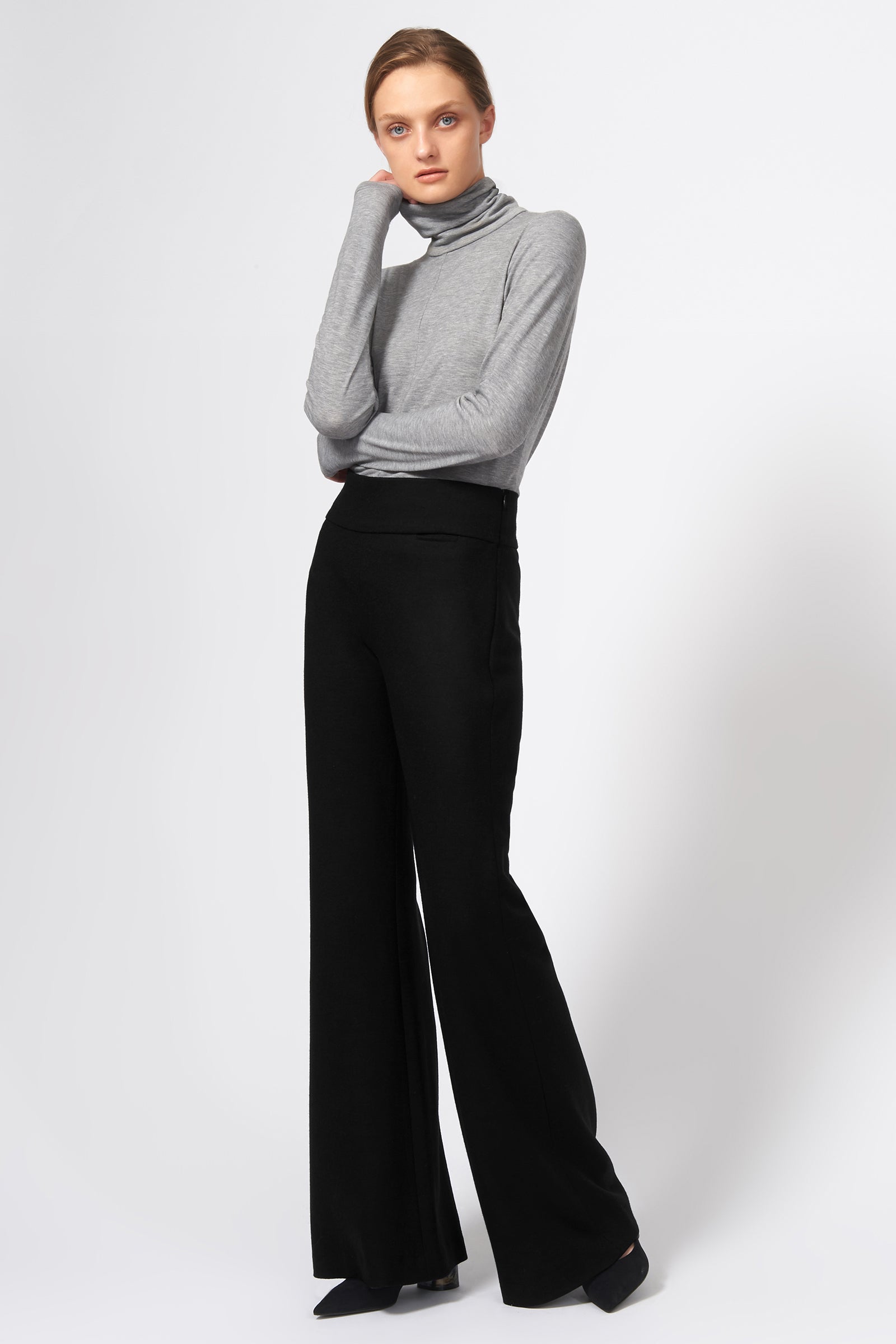 Kal Rieman Felted Jersey Wide Leg Pant in Black on Model Front Full View