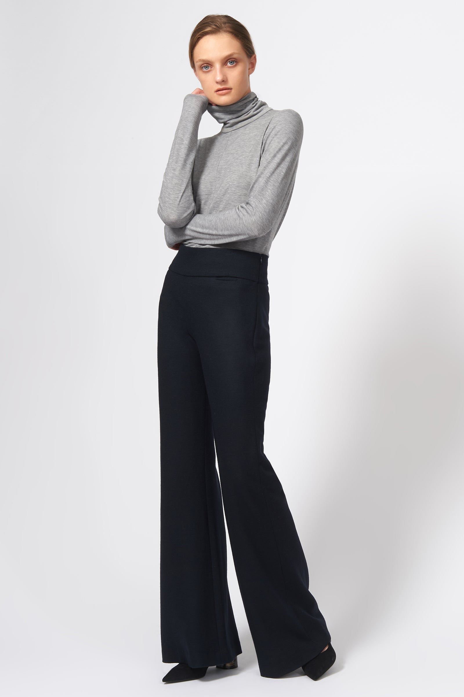 Kal Rieman Felted Jersey Wide Leg Pant in Midnight on Model Full Front View