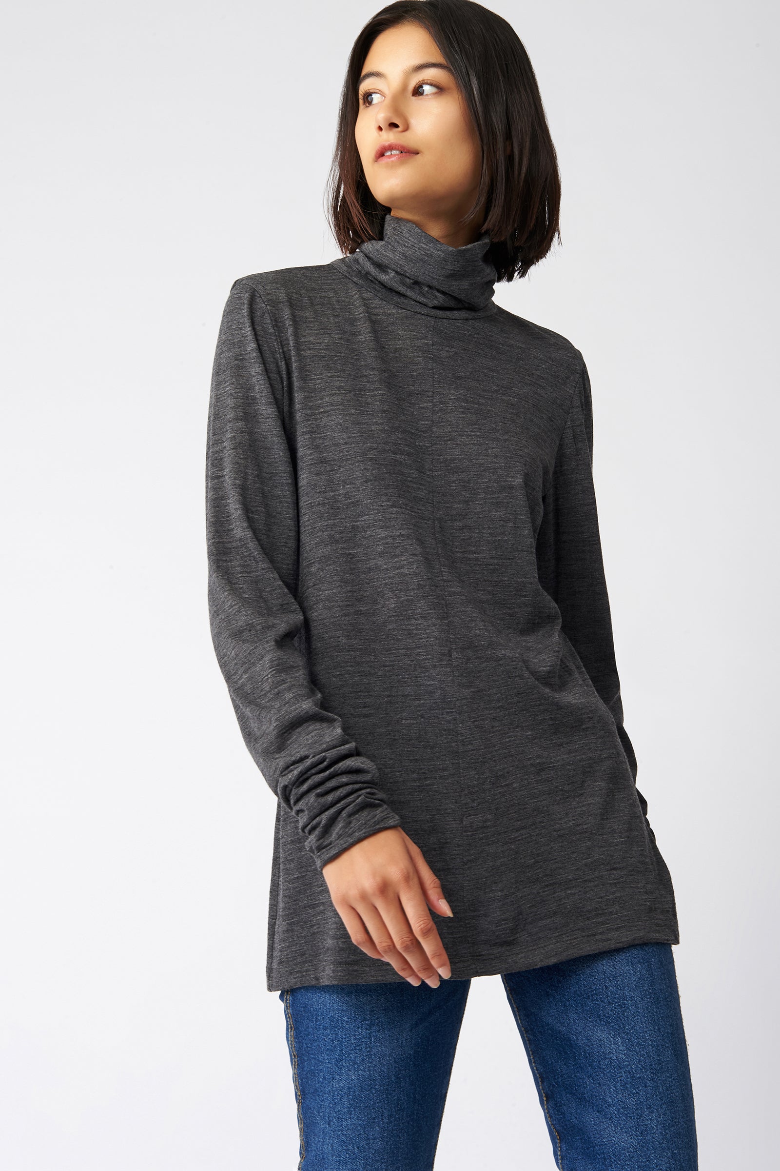 Kal Rieman Fitted Turtleneck in Charcoal on Model Front Side View