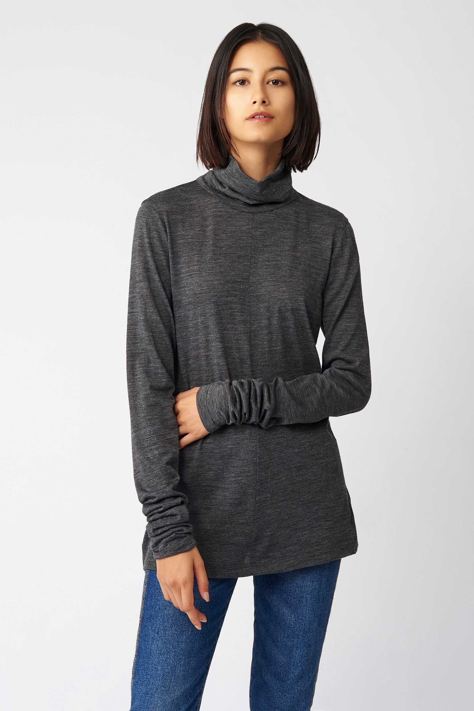 Kal Rieman Fitted Turtleneck in Charcoal on Model Front View