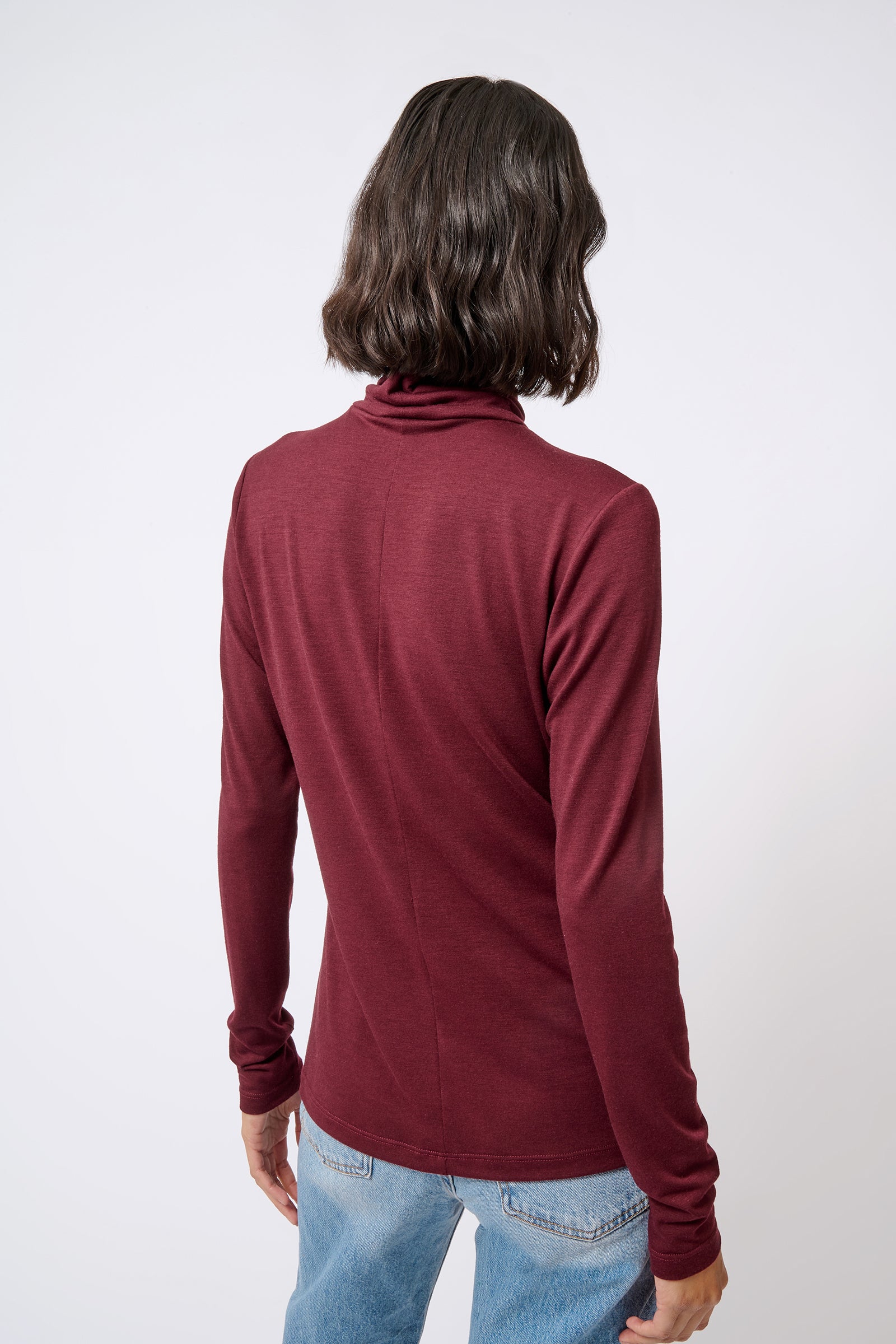 Kal Rieman Seamed Fitted Turtleneck in Wine Color on Model Front View