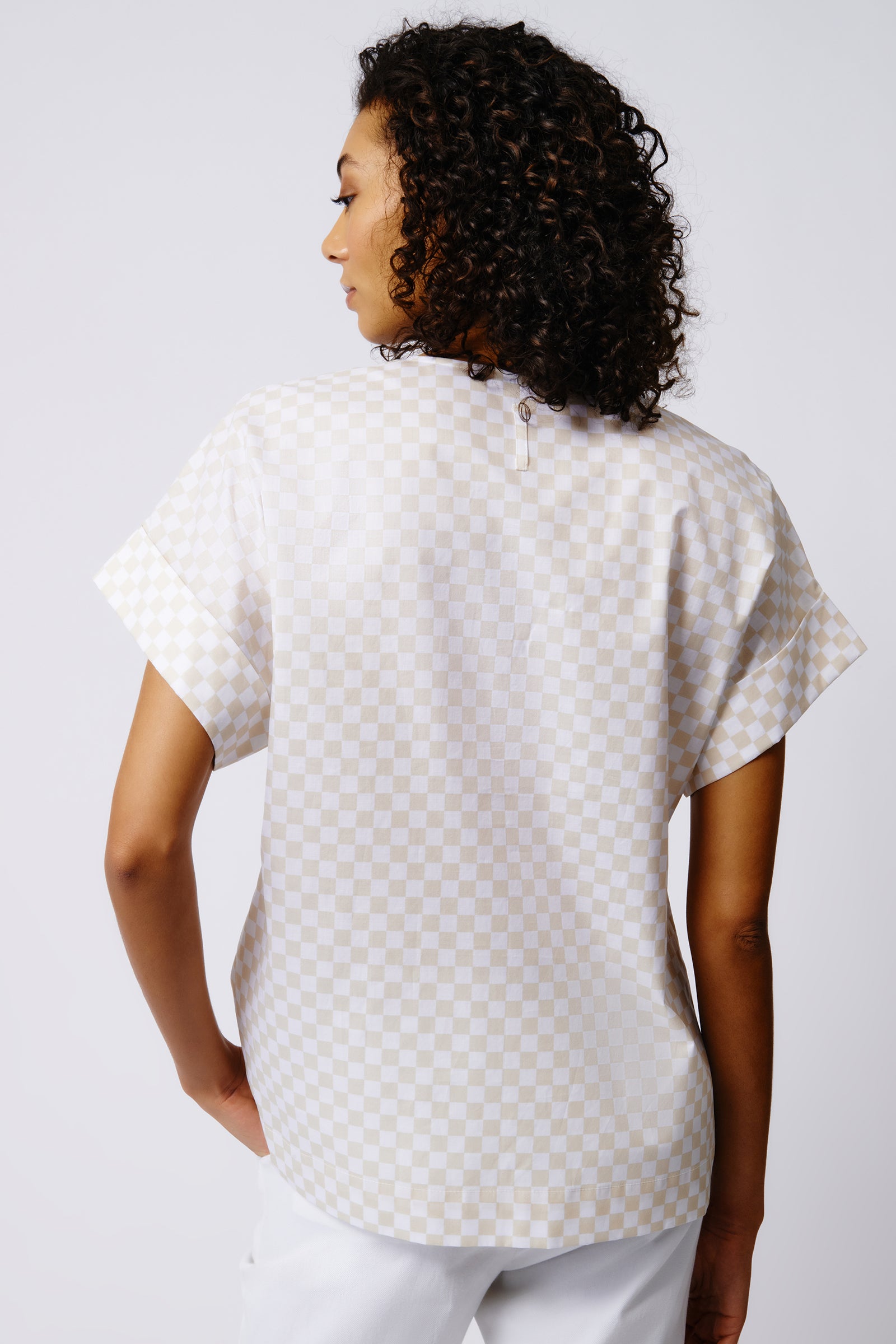 Kal Rieman Audrey Fold Front Kimono Top in Beige Checkerboard on Model Back View Crop