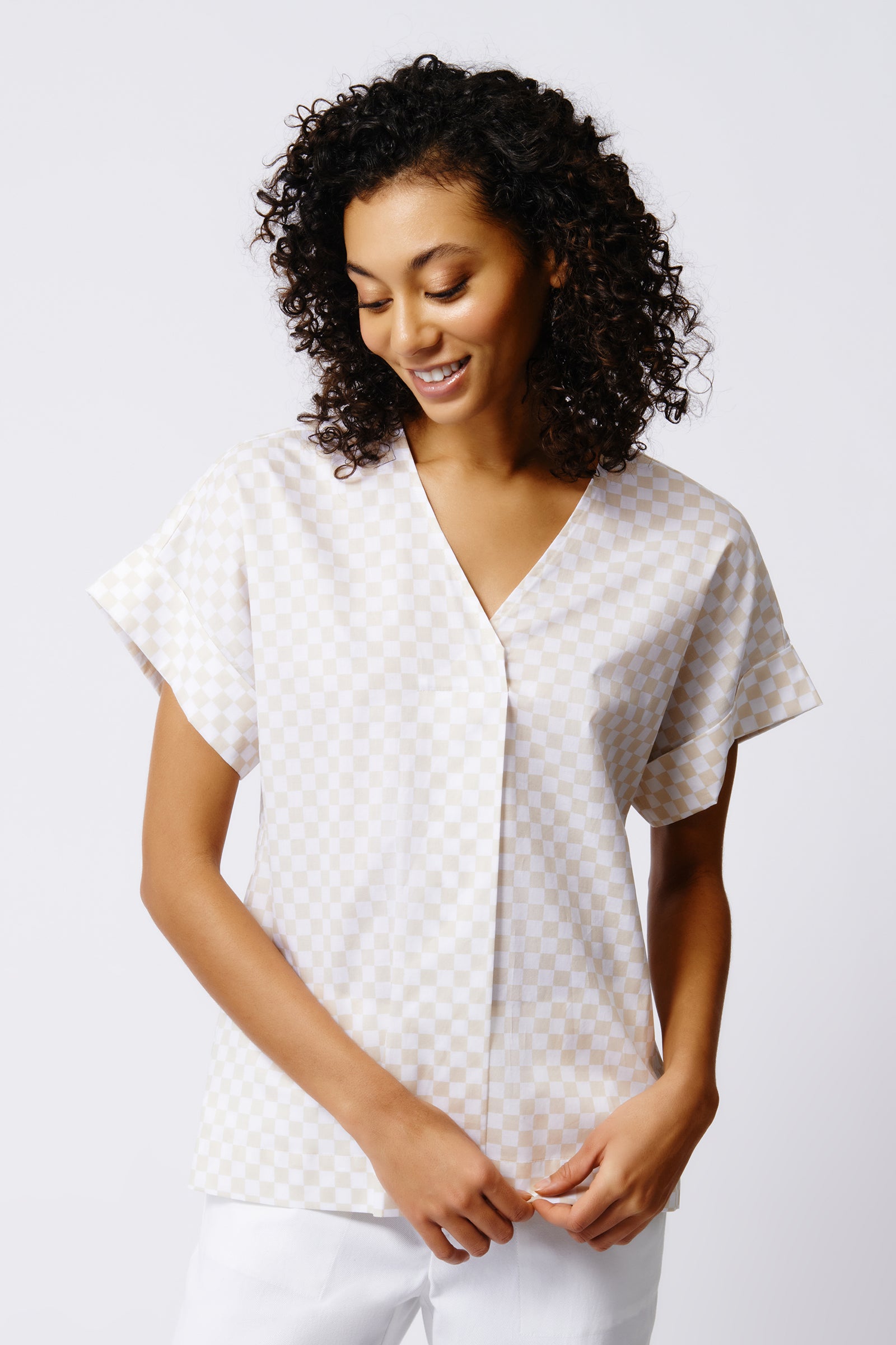 Kal Rieman Audrey Fold Front Kimono Top in Beige Checkerboard on Model Front View Crop