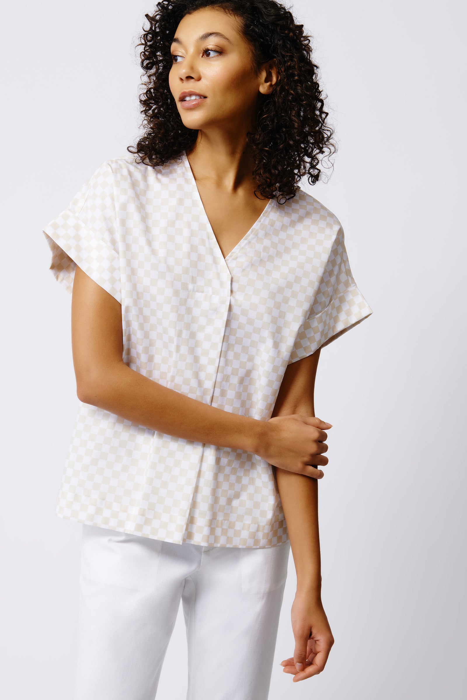Kal Rieman Audrey Fold Front Kimono Top in Beige Checkerboard on Model Front View Crop 3