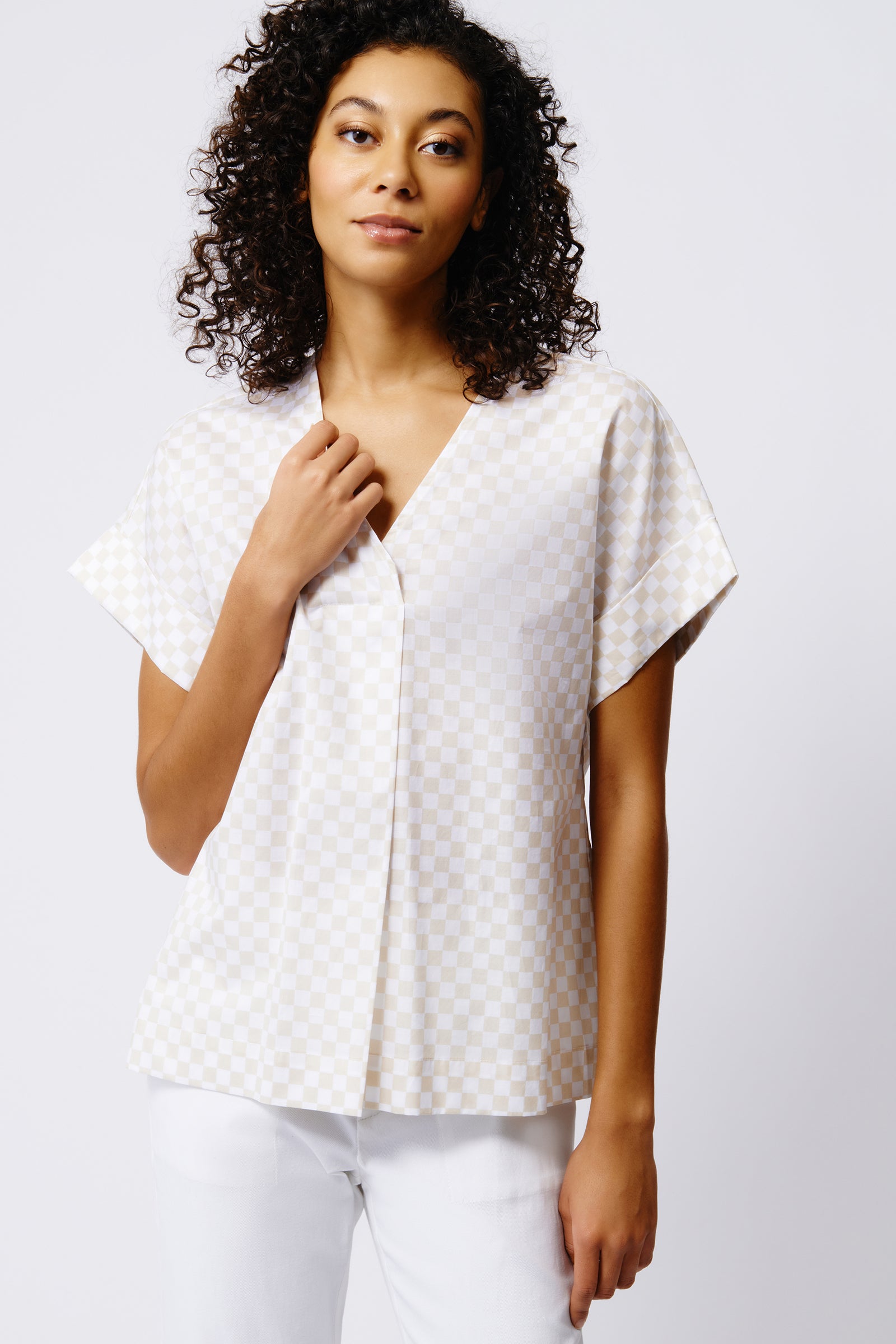 Kal Rieman Audrey Fold Front Kimono Top in Beige Checkerboard on Model Front View Crop 4