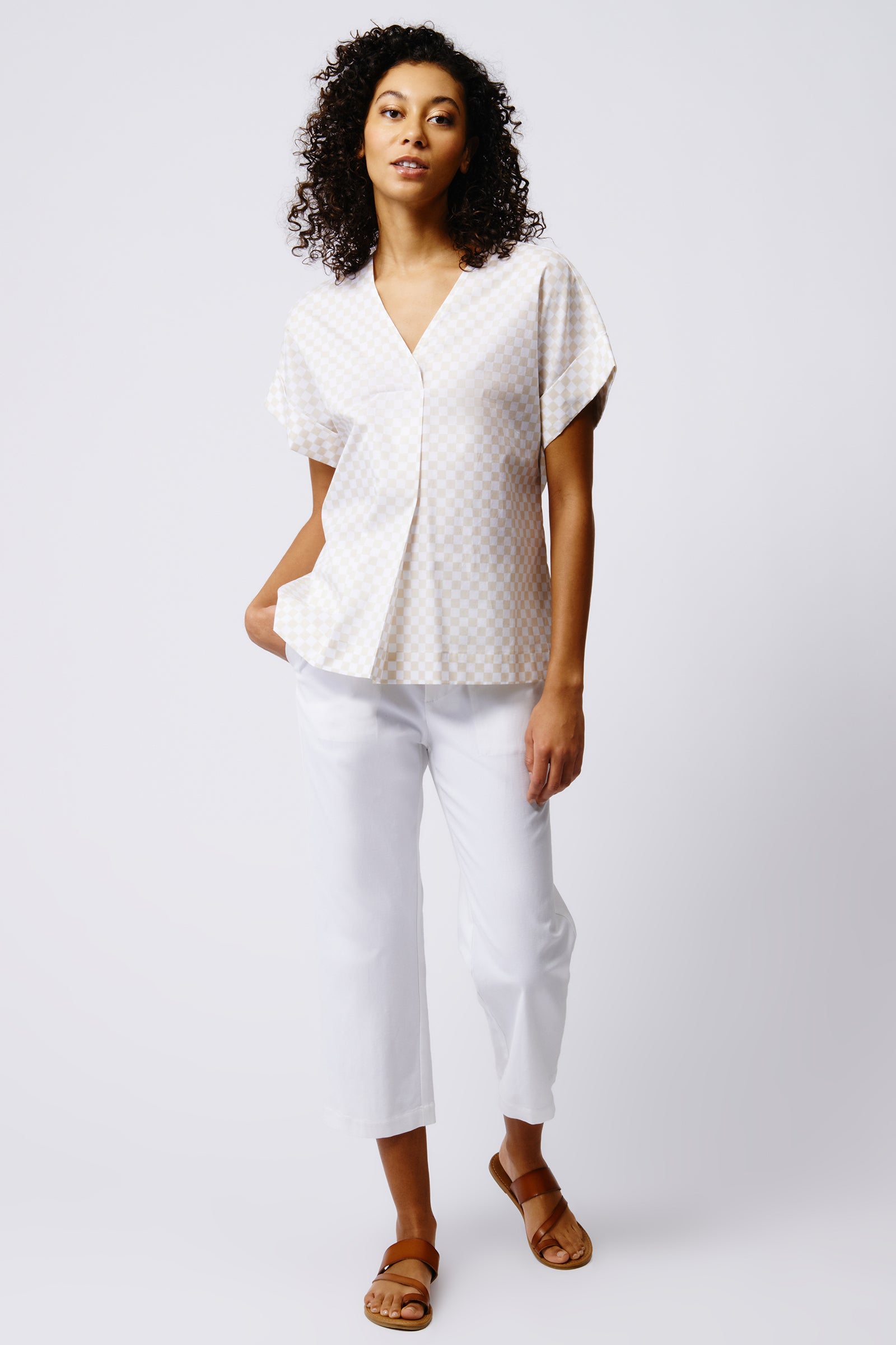 Kal Rieman Audrey Fold Front Kimono Top in Beige Checkerboard on Model Full Front View