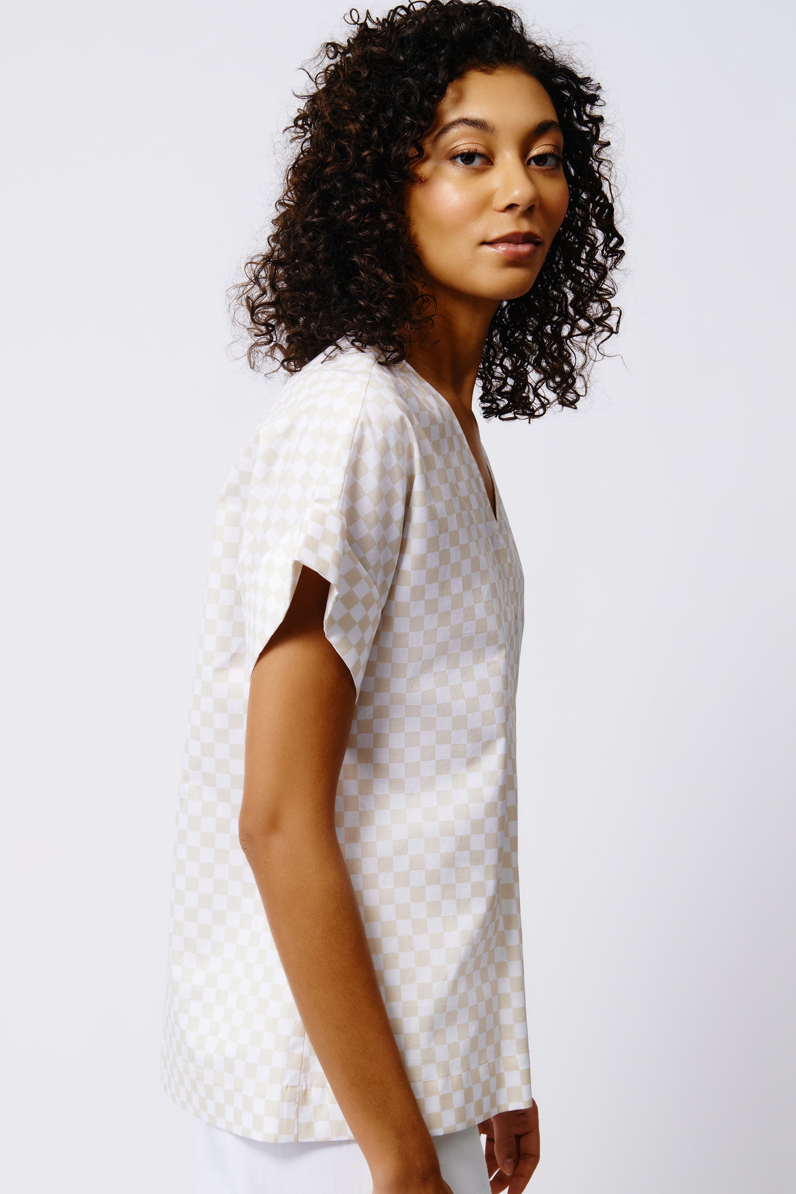 Kal Rieman Audrey Fold Front Kimono Top in Beige Checkerboard on Model Side View Crop