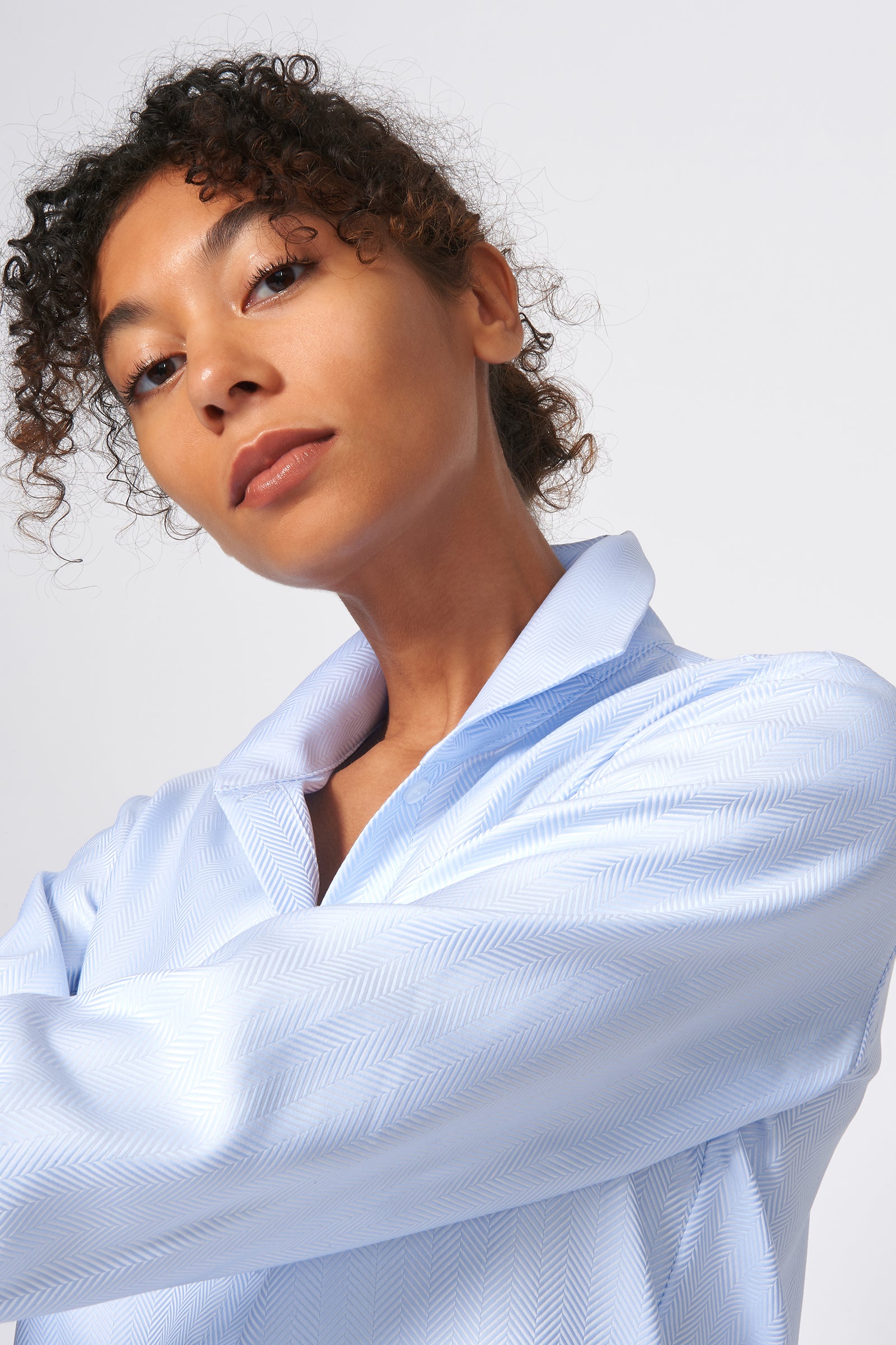 Kal Rieman Ginna Box Pleat Shirt in French Blue Herringbone on Model Detail View