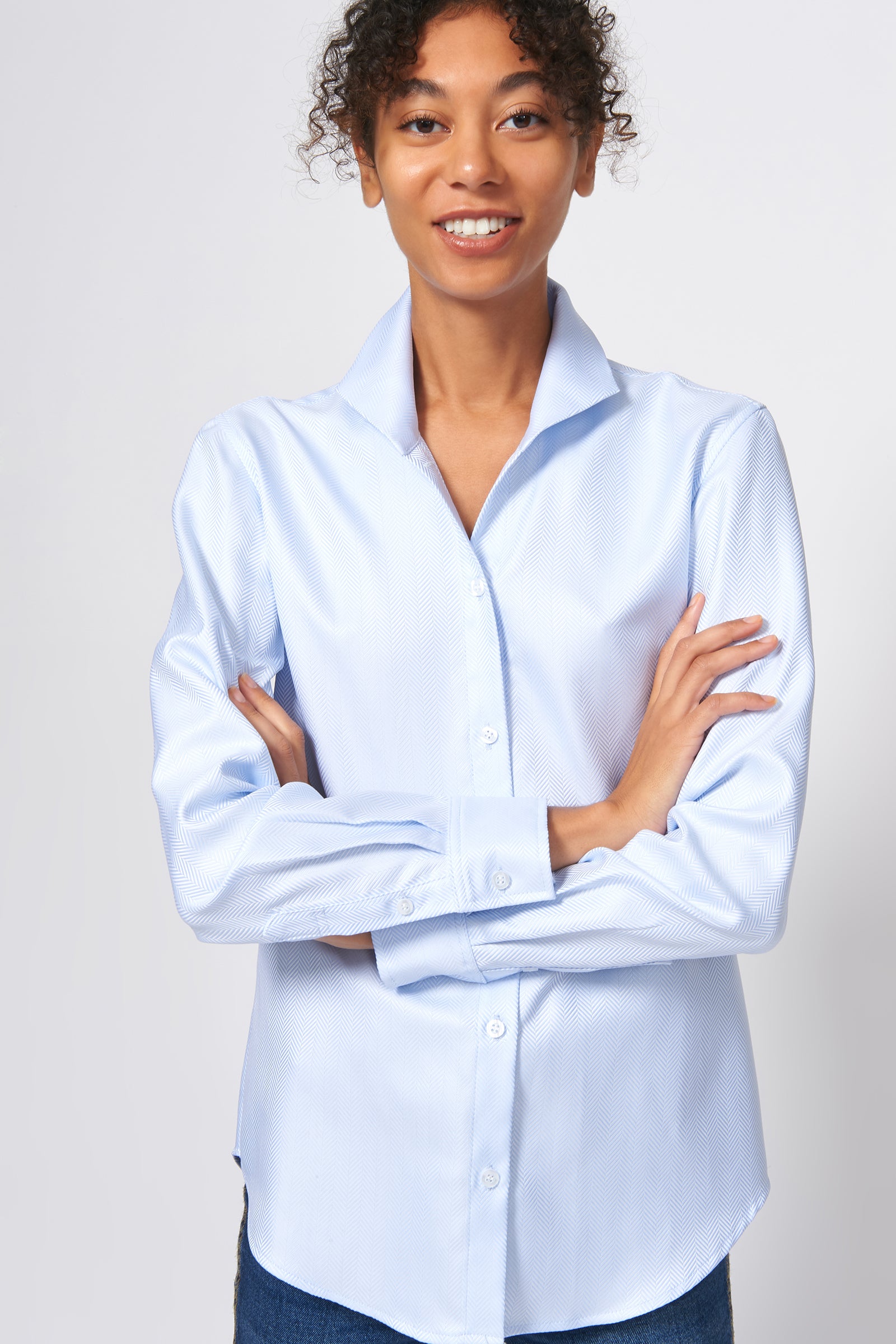 Kal Rieman Ginna Box Pleat Shirt in French Blue Herringbone on Model Front View