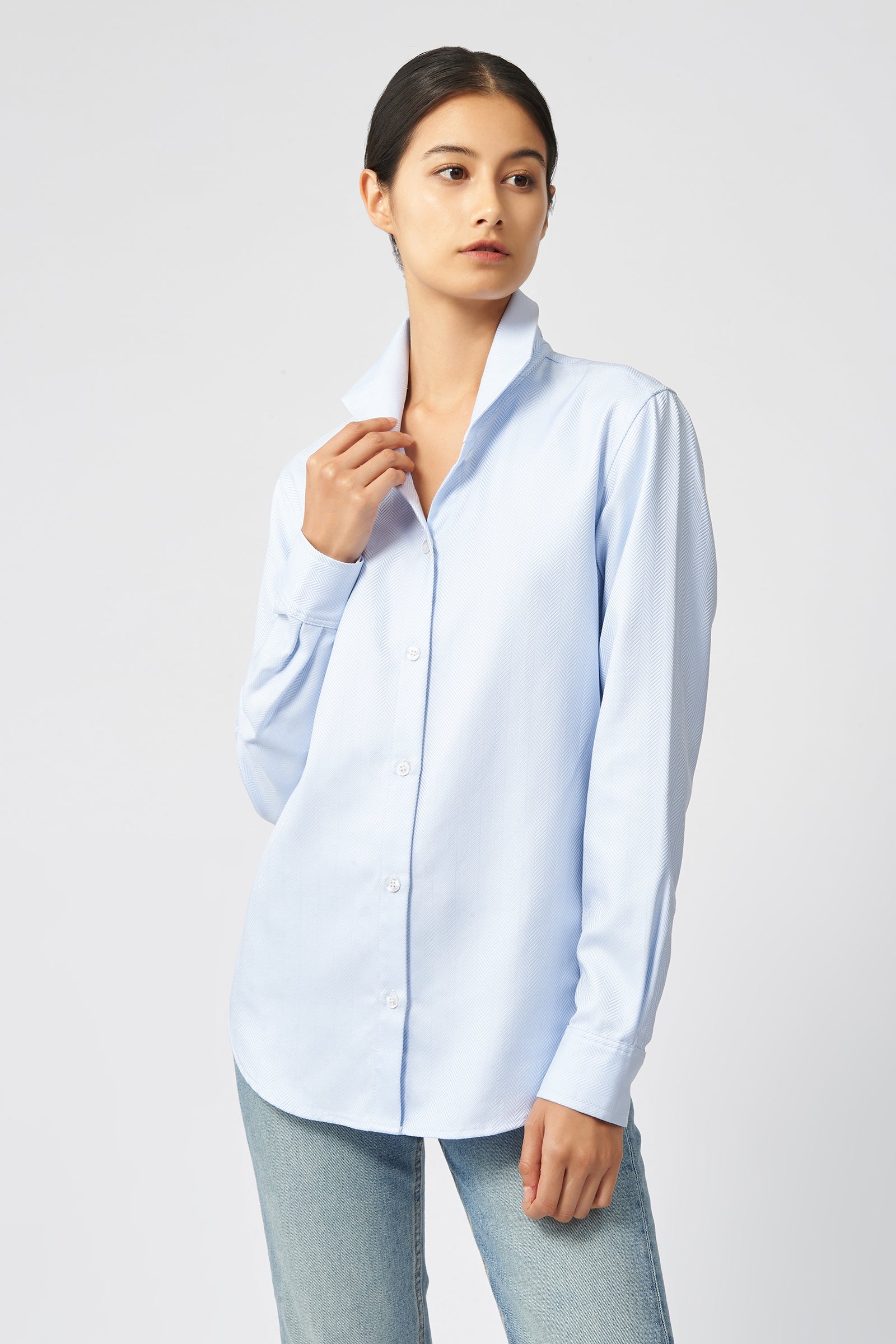 Kal Rieman Ginna Tailored Shirt in French Blue Herringbone on Model Front View