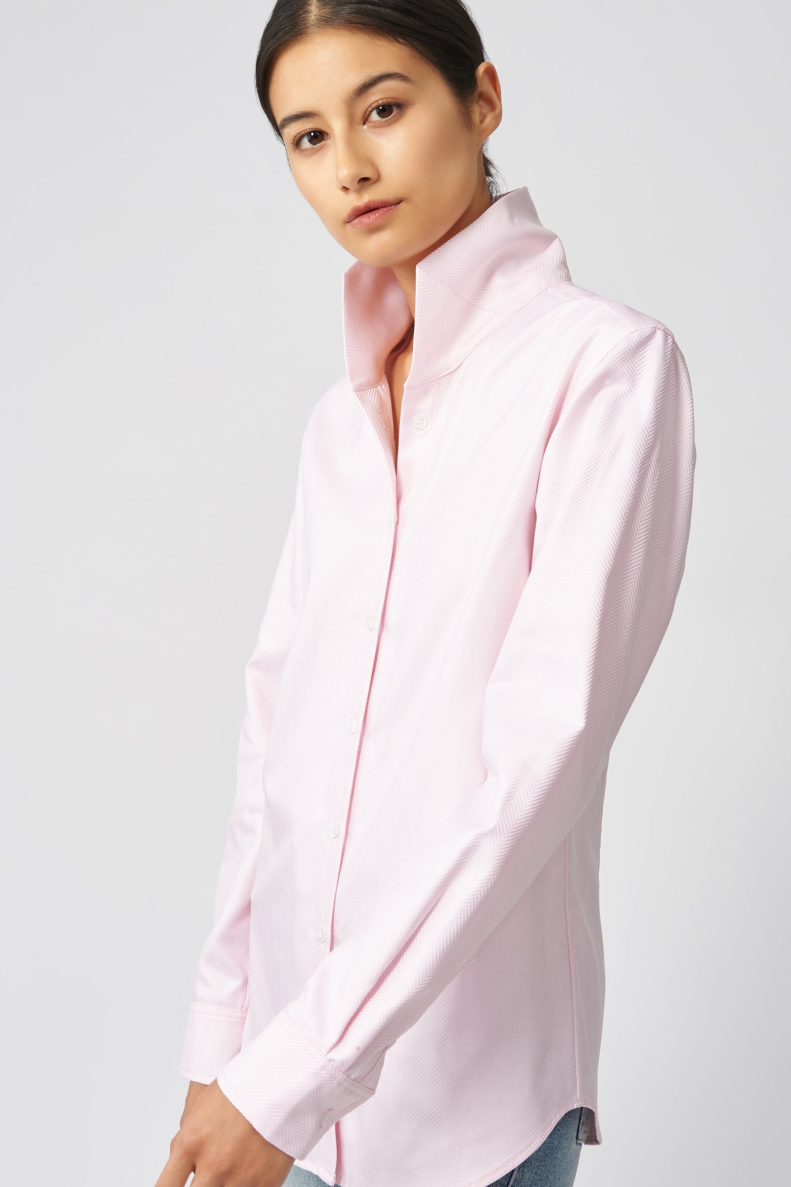 Kal Rieman Ginna Tailored Shirt in Pink Herringbone on Model Front Side View