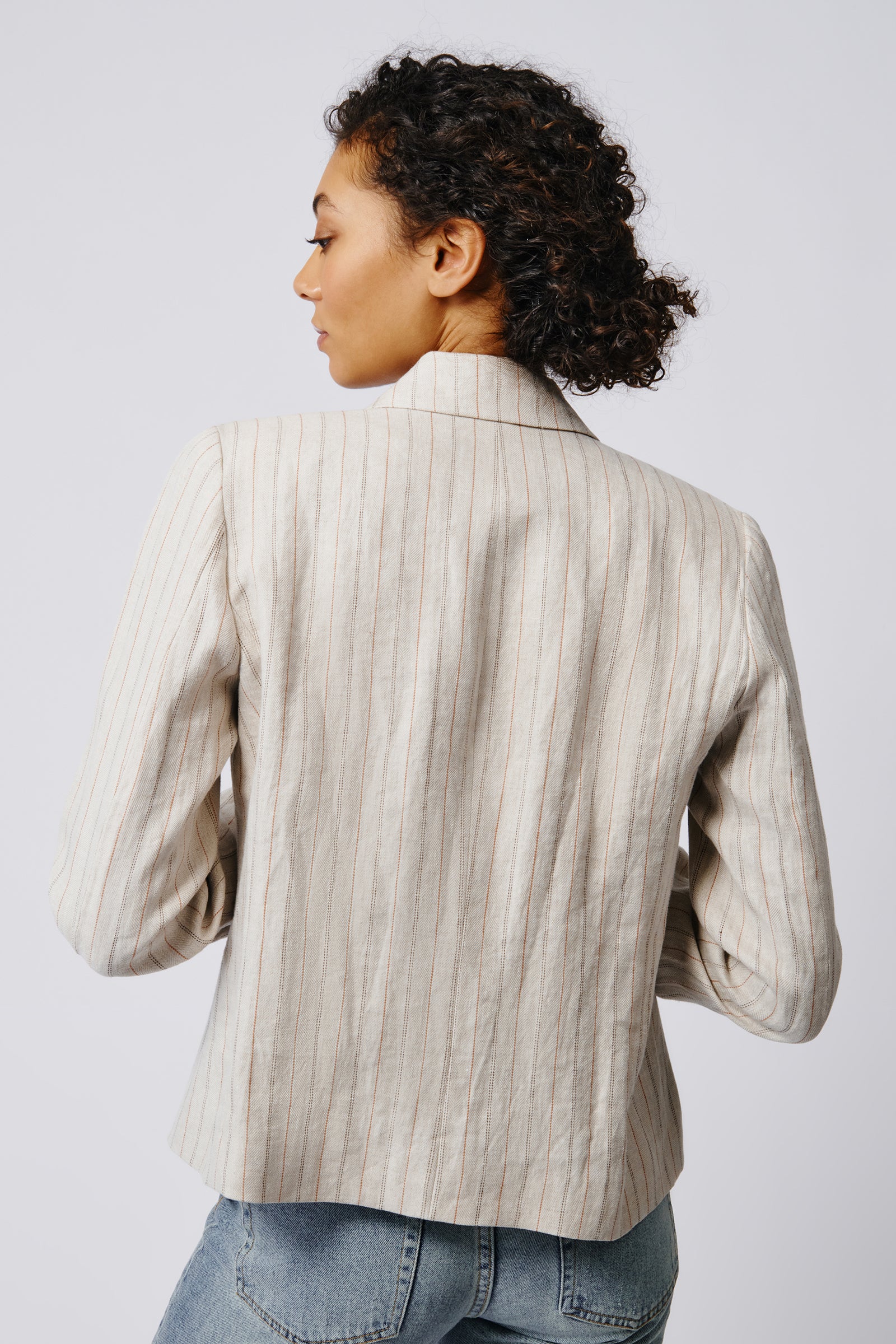 Kal Rieman Crop Tux Linen Blazer in Khaki Stripe on Model Back View Crop